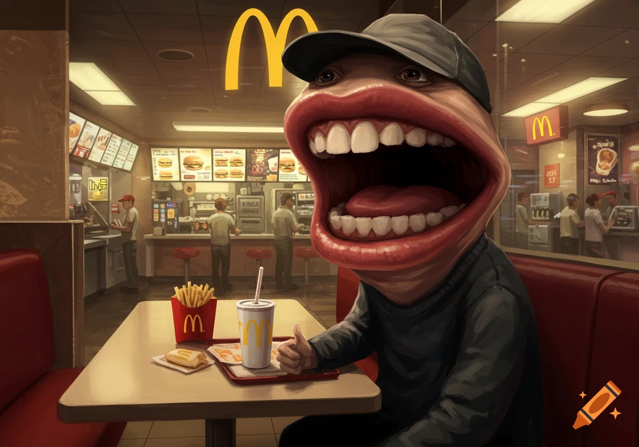 A grotesque, exaggerated 'mouth man' with a huge open mouth and teeth sits at a table in a McDonald's restaurant, giving a thumbs up. French fries and a drink are on the table.