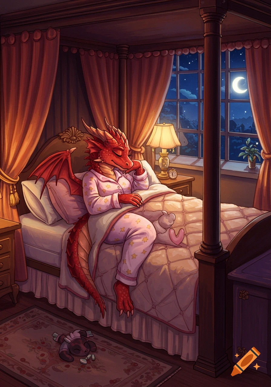 An anthro red dragon in pink star pajamas sleeps soundly in a cozy four-poster bed at night, with the moon visible outside.