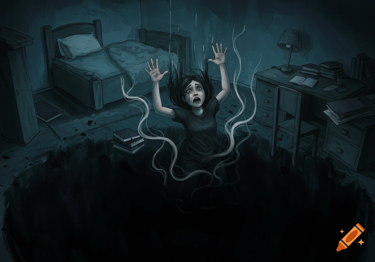 Terrified woman falling into a dark hole in a dimly lit bedroom, arms raised, surrounded by ghostly wisps.