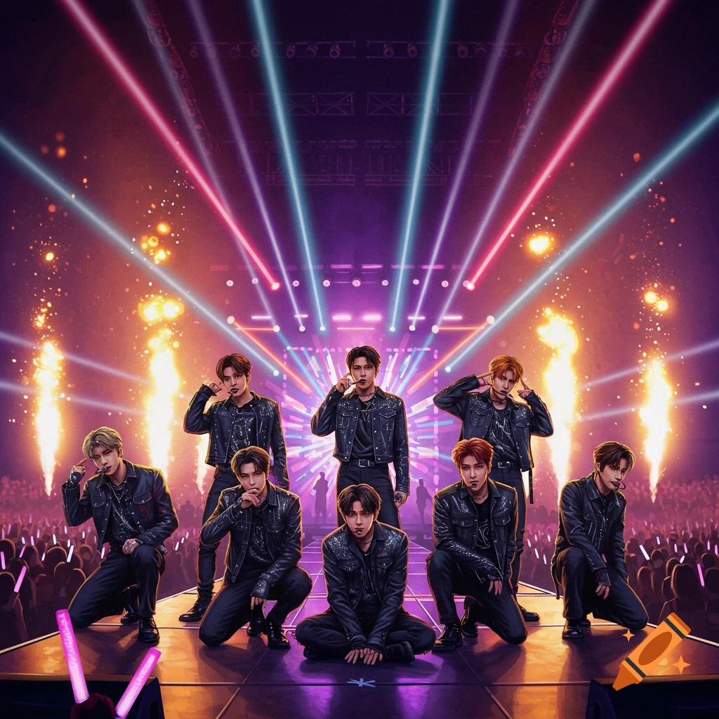 Male K-pop idols perform on a vibrant stage with neon lights and fire effects, posing in black leather outfits.
