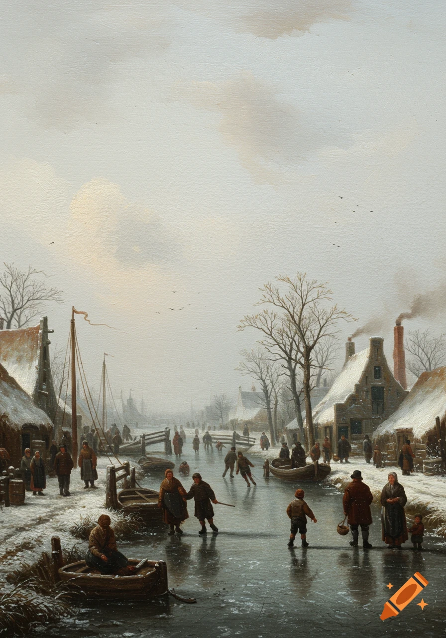 A detailed oil painting in the style of Hendrick Avercamp depicts a 17th-century Dutch winter landscape with people ice skating on frozen canals and villagers near snow-covered houses.