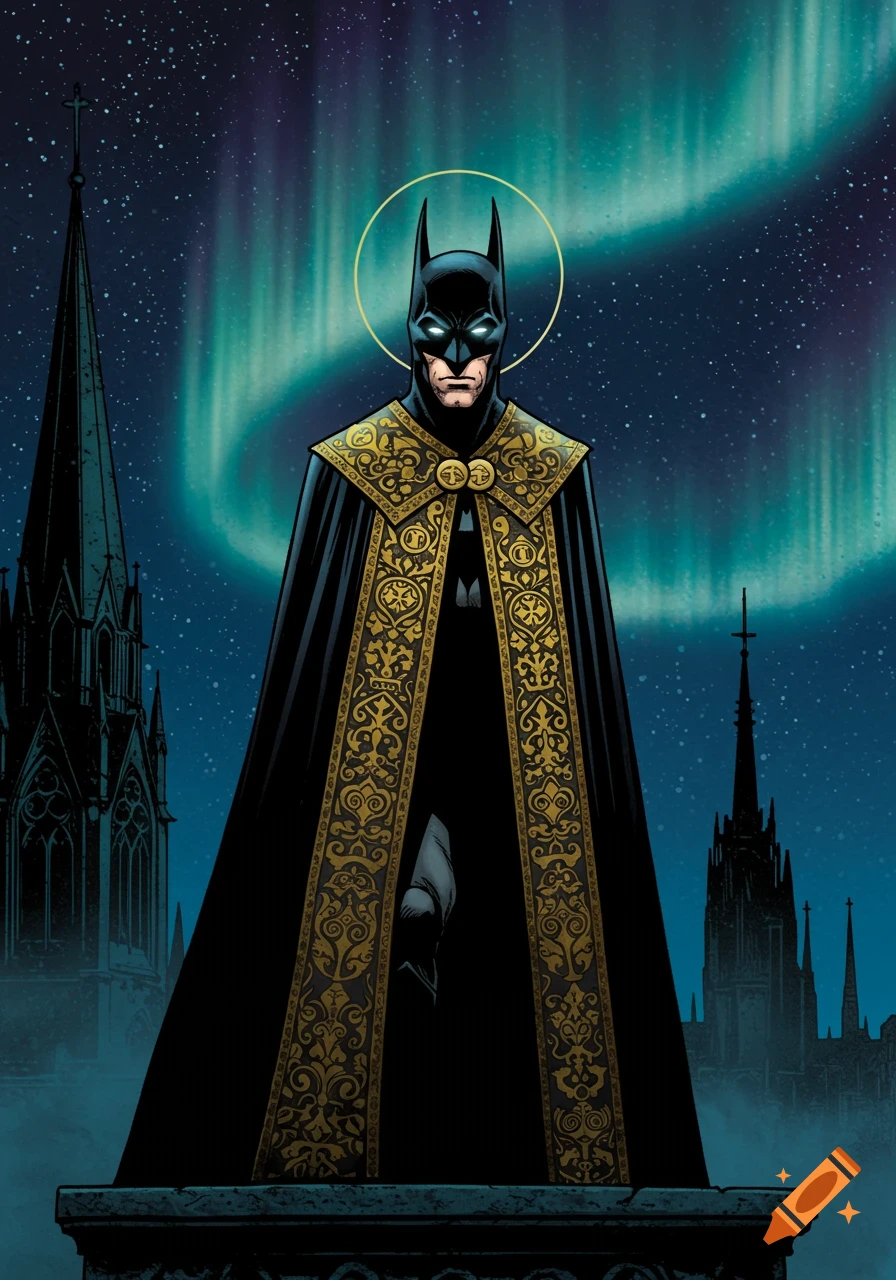 Comic art of Batman in an ornate black and gold robe with a halo, against a night sky with aurora borealis and gothic church spires.