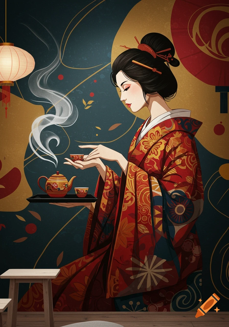 A stylized mural painting of an Asian woman in a red kimono serving steaming tea from a teapot and cup, with traditional patterns and a lantern.