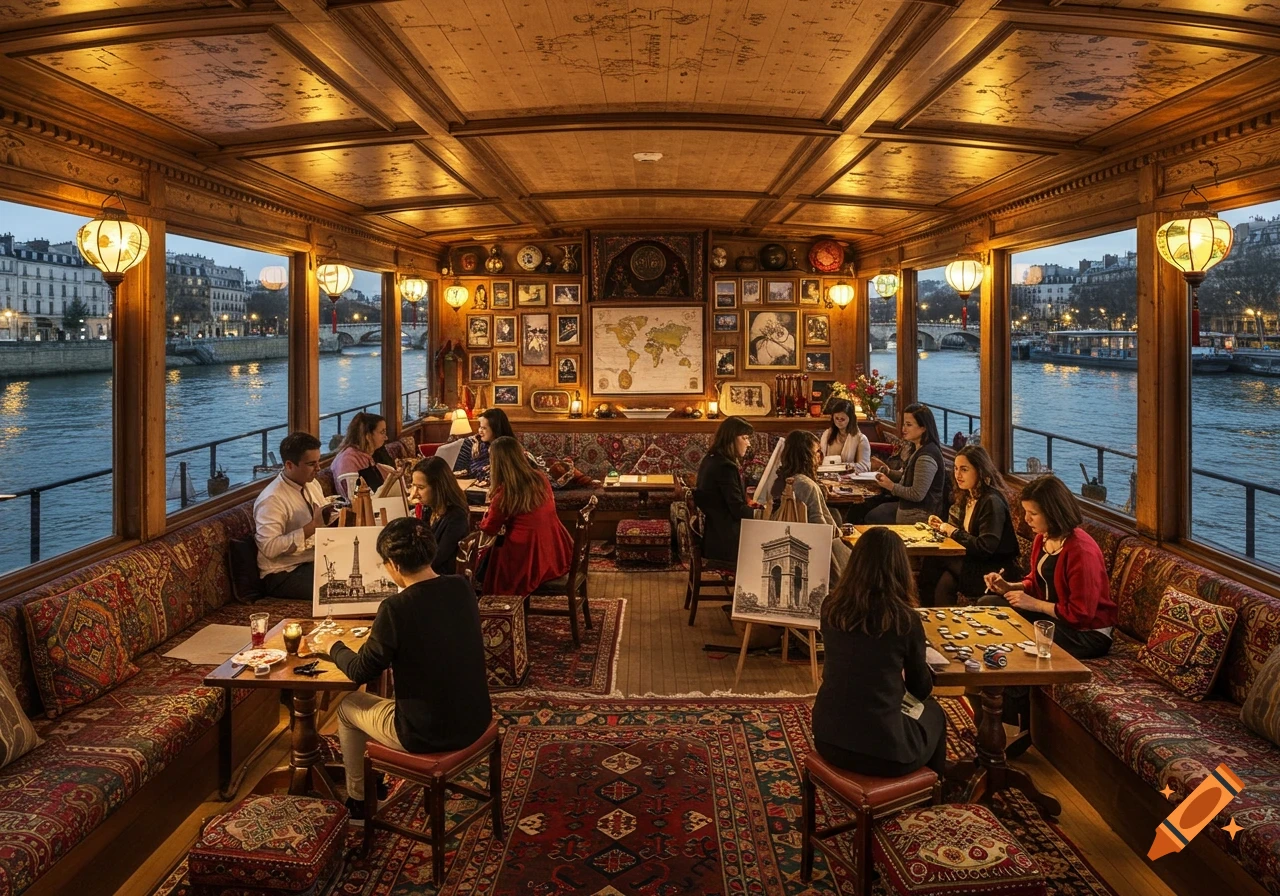 People painting and playing games inside a luxurious wooden boat with large windows overlooking the Seine River in Paris at dusk, rich with global decor.
