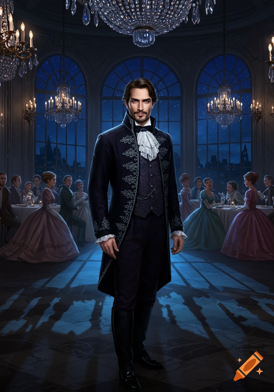 A man in a dark, ornate historical suit stands center in a grand ballroom under chandeliers, with other guests in the background.
