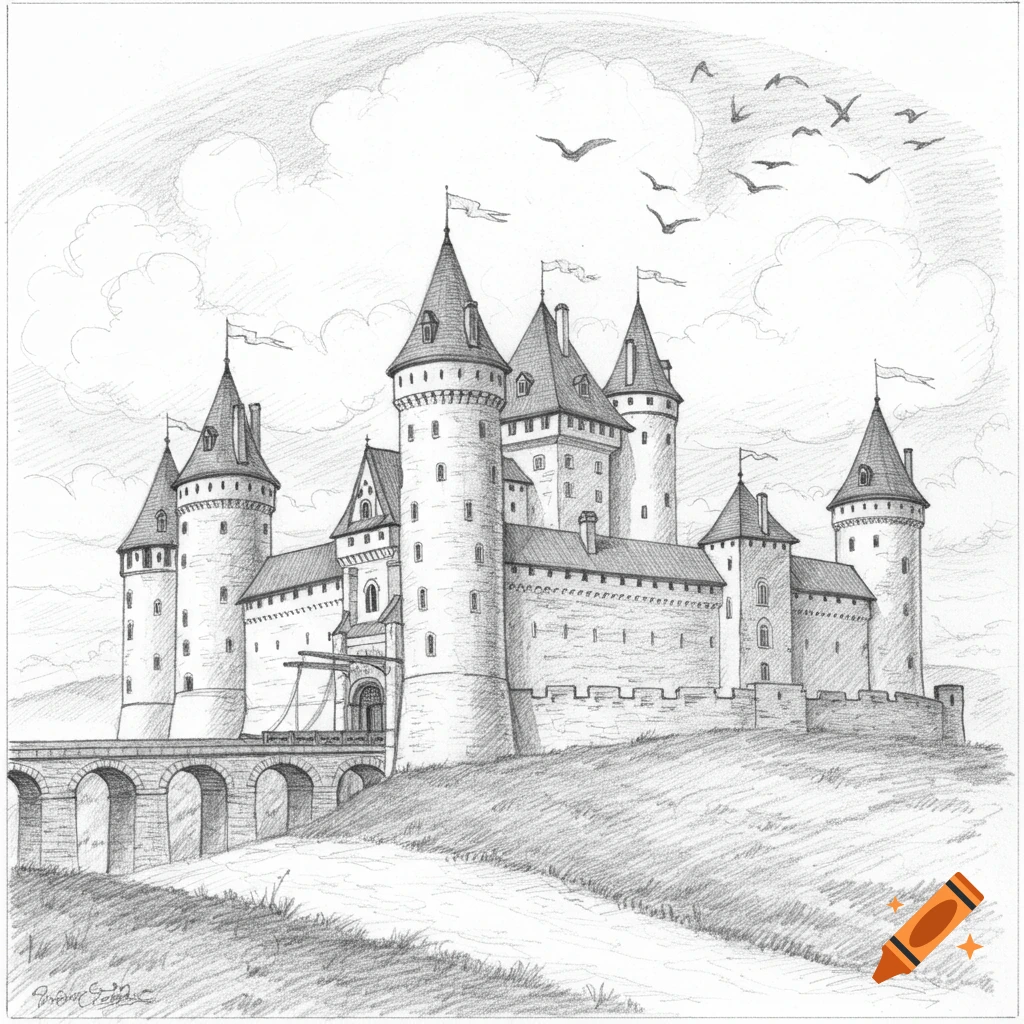 Detailed pencil sketch of a majestic medieval castle with high towers ...
