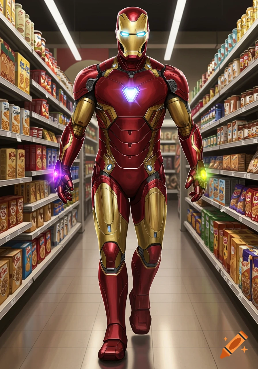 Iron Man in his red and gold suit walks down an aisle in a brightly lit supermarket, filled with shelves of various products.