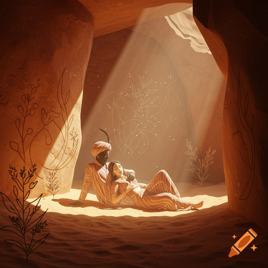 A loving couple in traditional attire reclines in a sunlit desert cave with minimalist Mughal and Shunga art style.