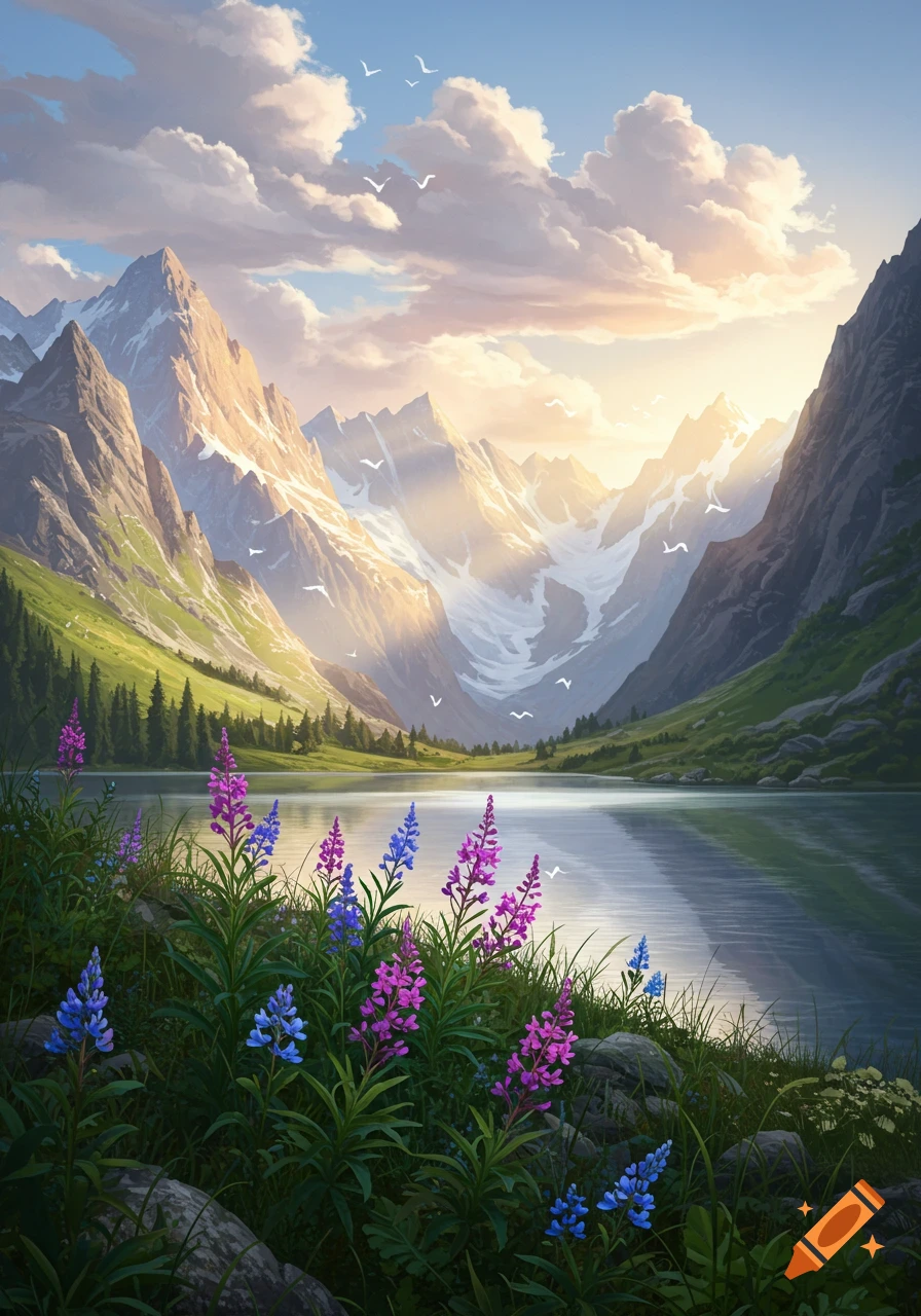 A vibrant mountain landscape with a serene lake reflecting a colorful ...