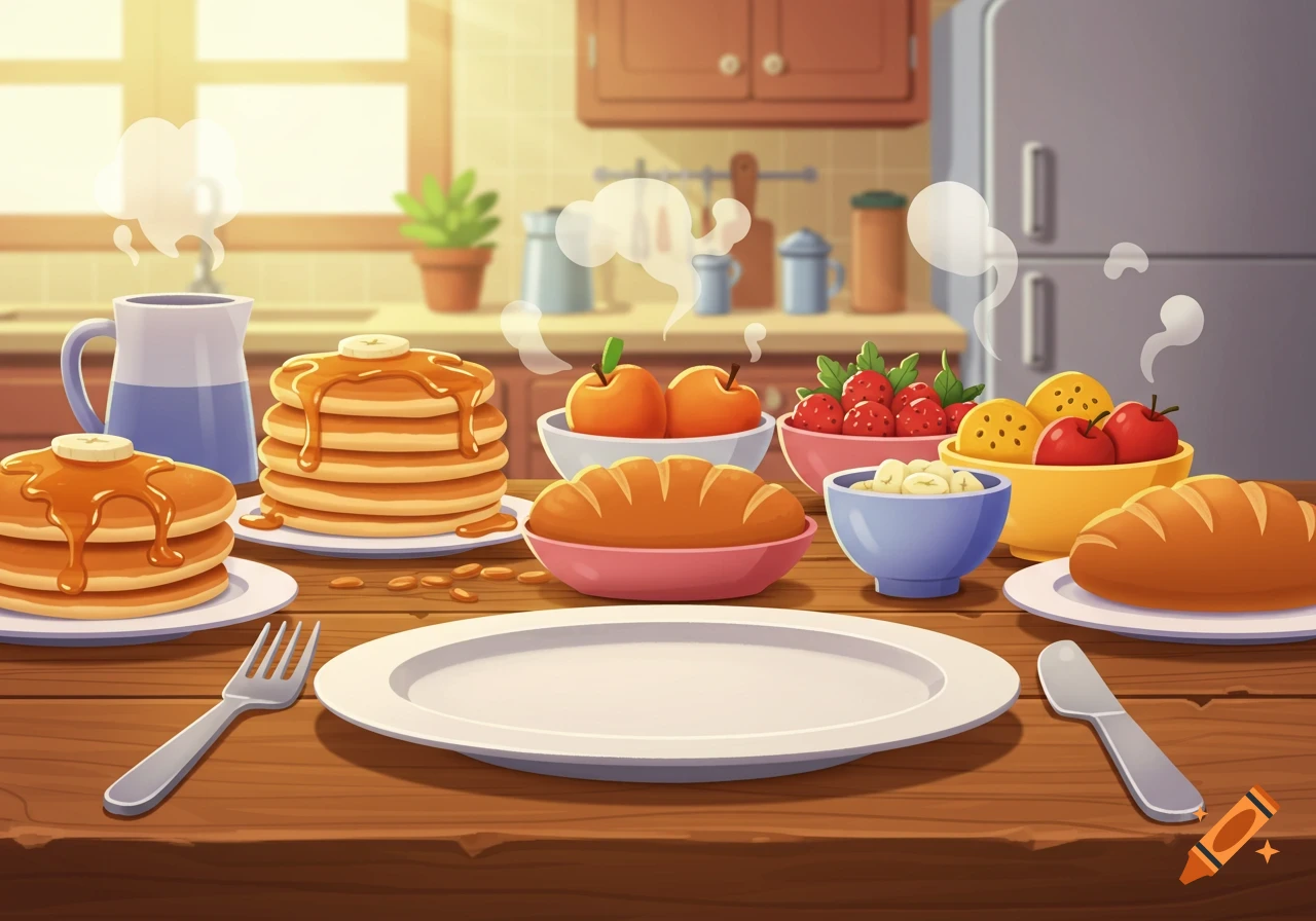 A cartoon breakfast scene with pancakes, fruit, and bread on a wooden table, an empty plate in the foreground.