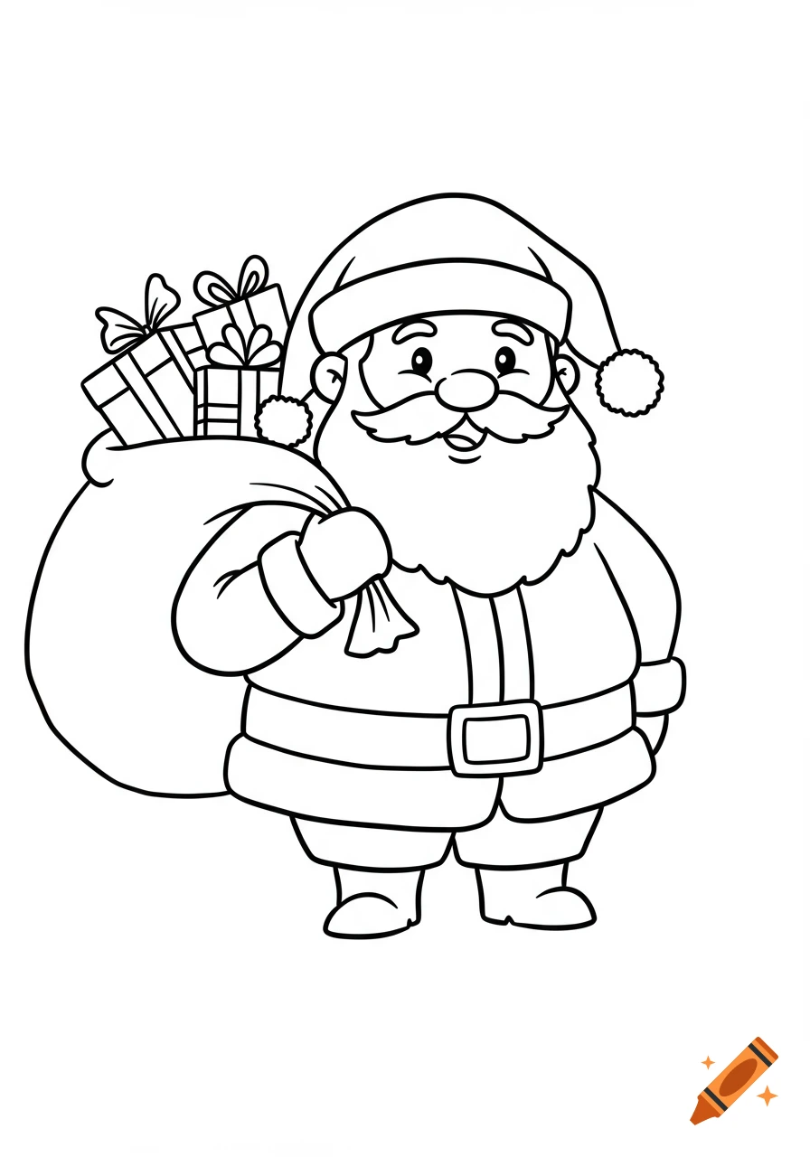 Line drawing of Santa Claus carrying a large sack filled with wrapped gifts over his shoulder.