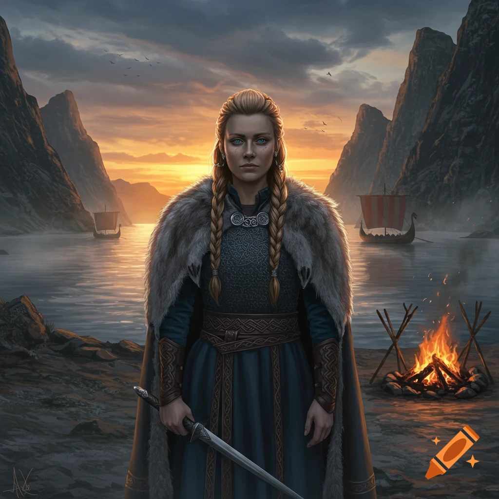 A blonde female Viking warrior with braided hair holds a sword by a fjord with longships and a campfire at sunset.