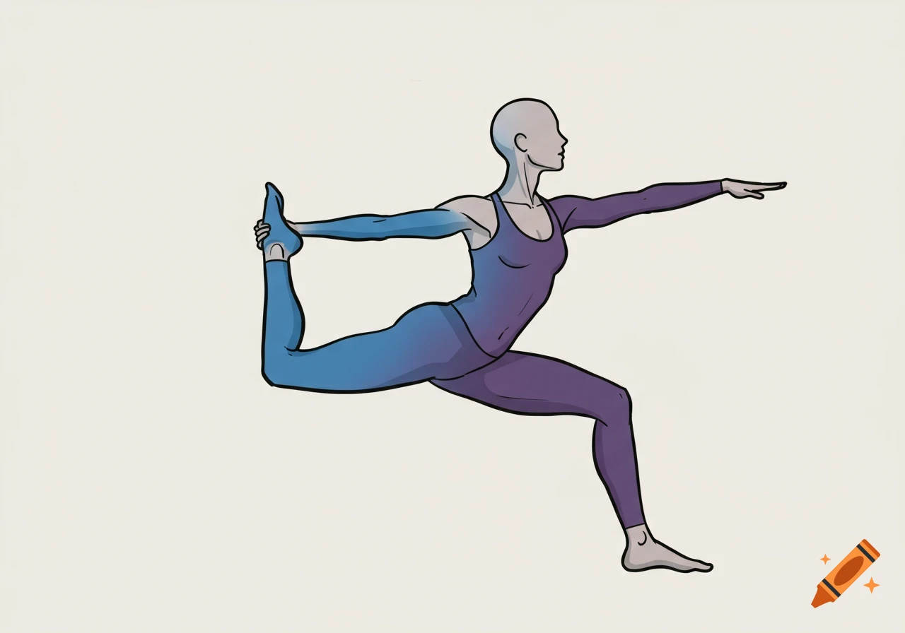 An illustration of a person in a balancing yoga pose, with blue left limbs, purple right limbs, and a grey torso and head.