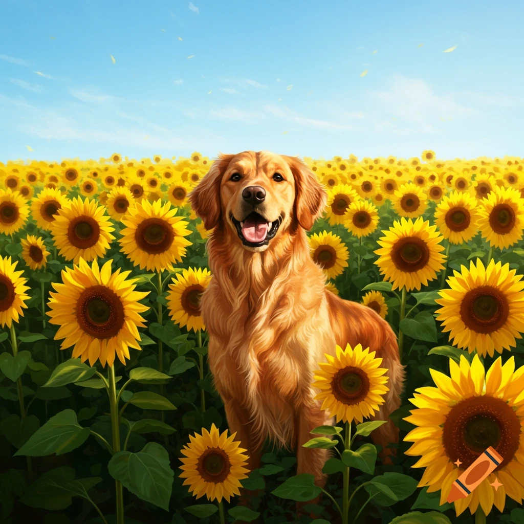 A smiling golden retriever sits among a vibrant field of yellow sunflowers under a blue sky.