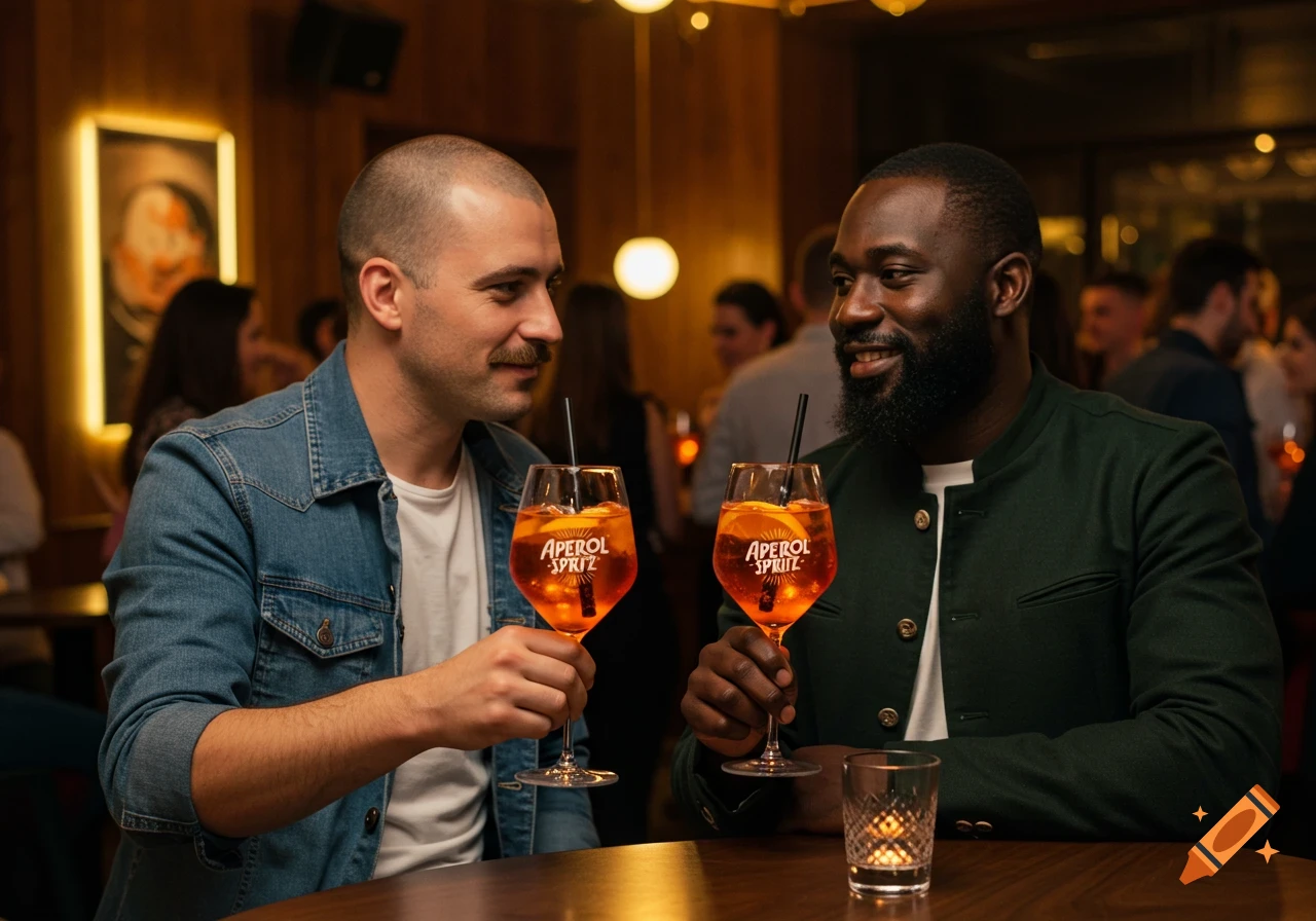 Two men clinking Aperol Spritz glasses and smiling in a dimly lit bar, photorealistic.