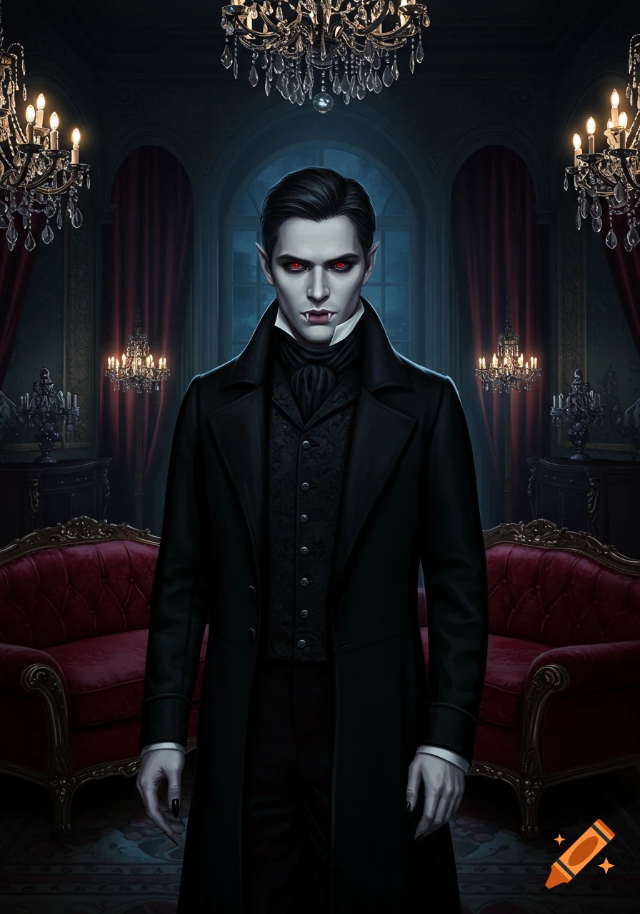 A pale, fanged vampire with red eyes in black Victorian attire stands in a grand, dark room with chandeliers and red sofas.