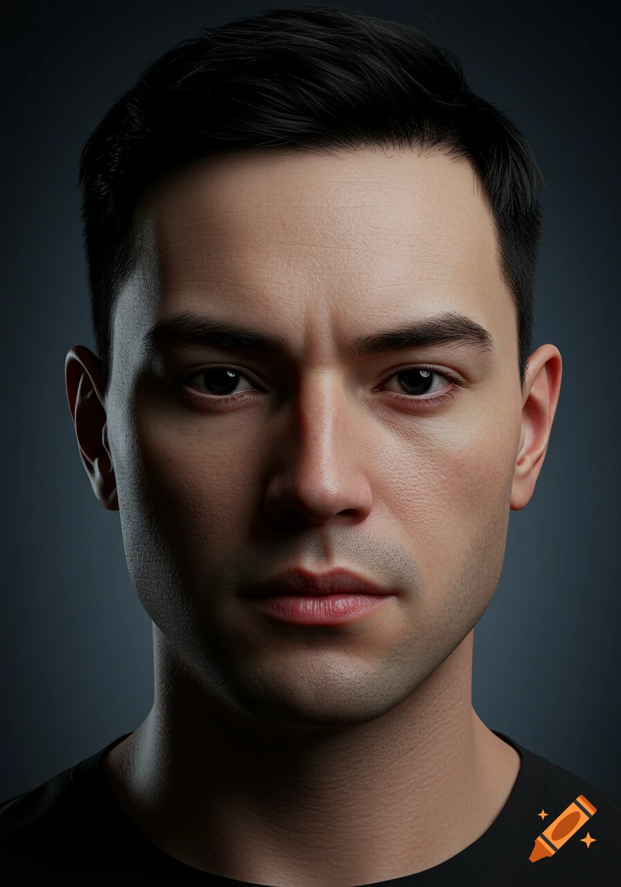 Close-up photorealistic portrait of a 30-year-old man looking forward with a neutral expression on a dark background.