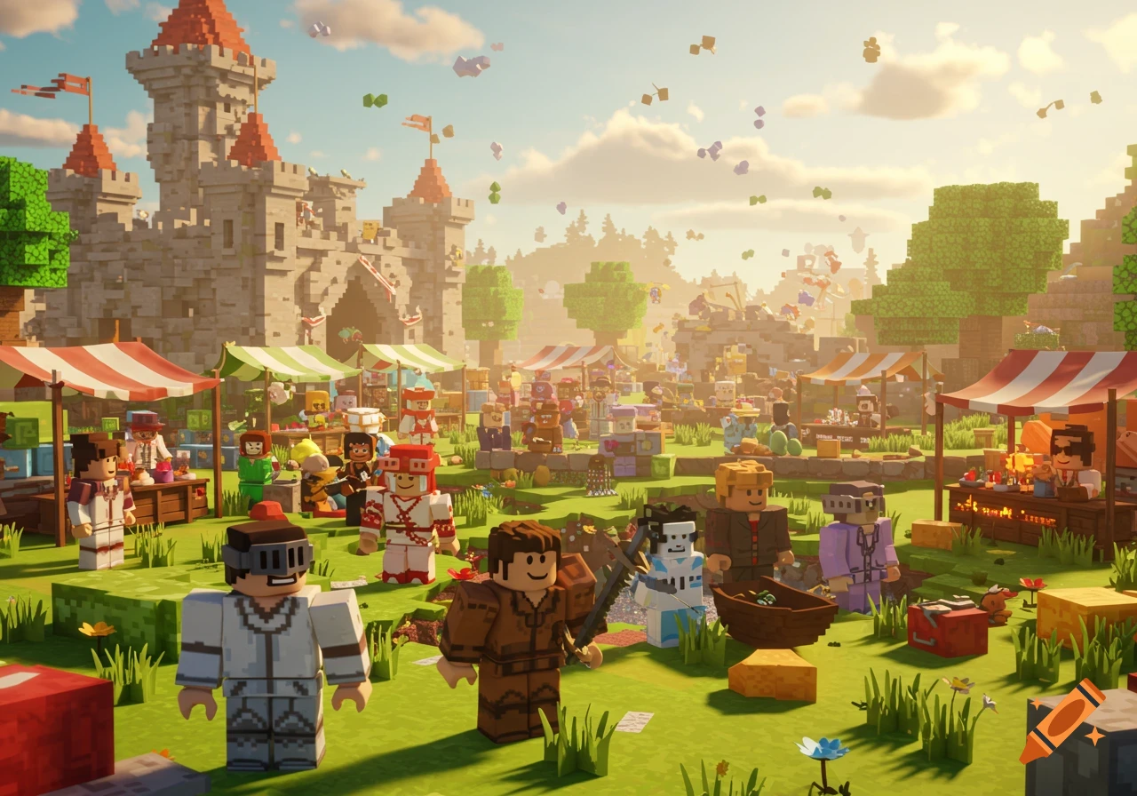 A vibrant blocky marketplace with stylized characters, stalls, and a castle under a bright sky, in Roblox style.