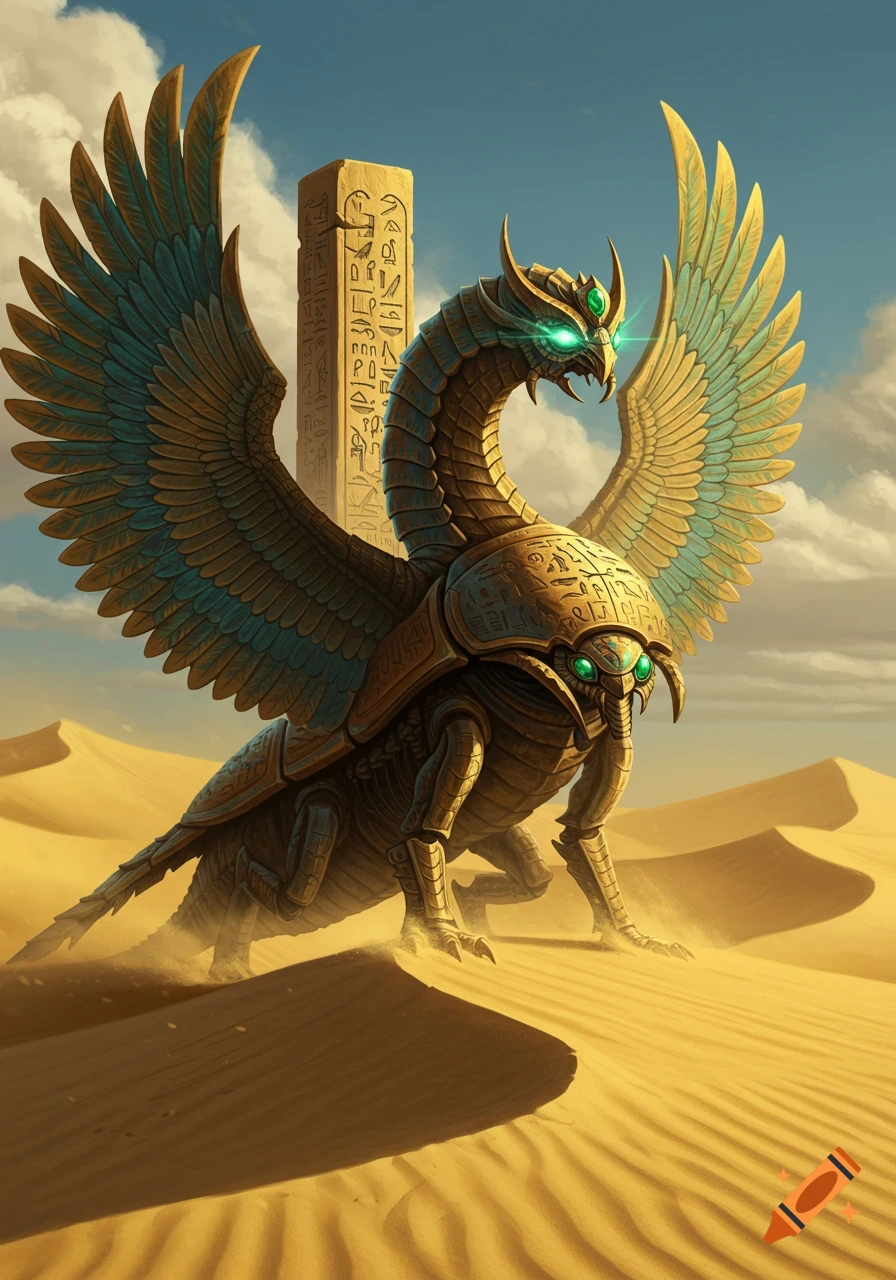 A majestic golden winged beetle-dragon creature with glowing green eyes stands on desert dunes beside an ancient obelisk.