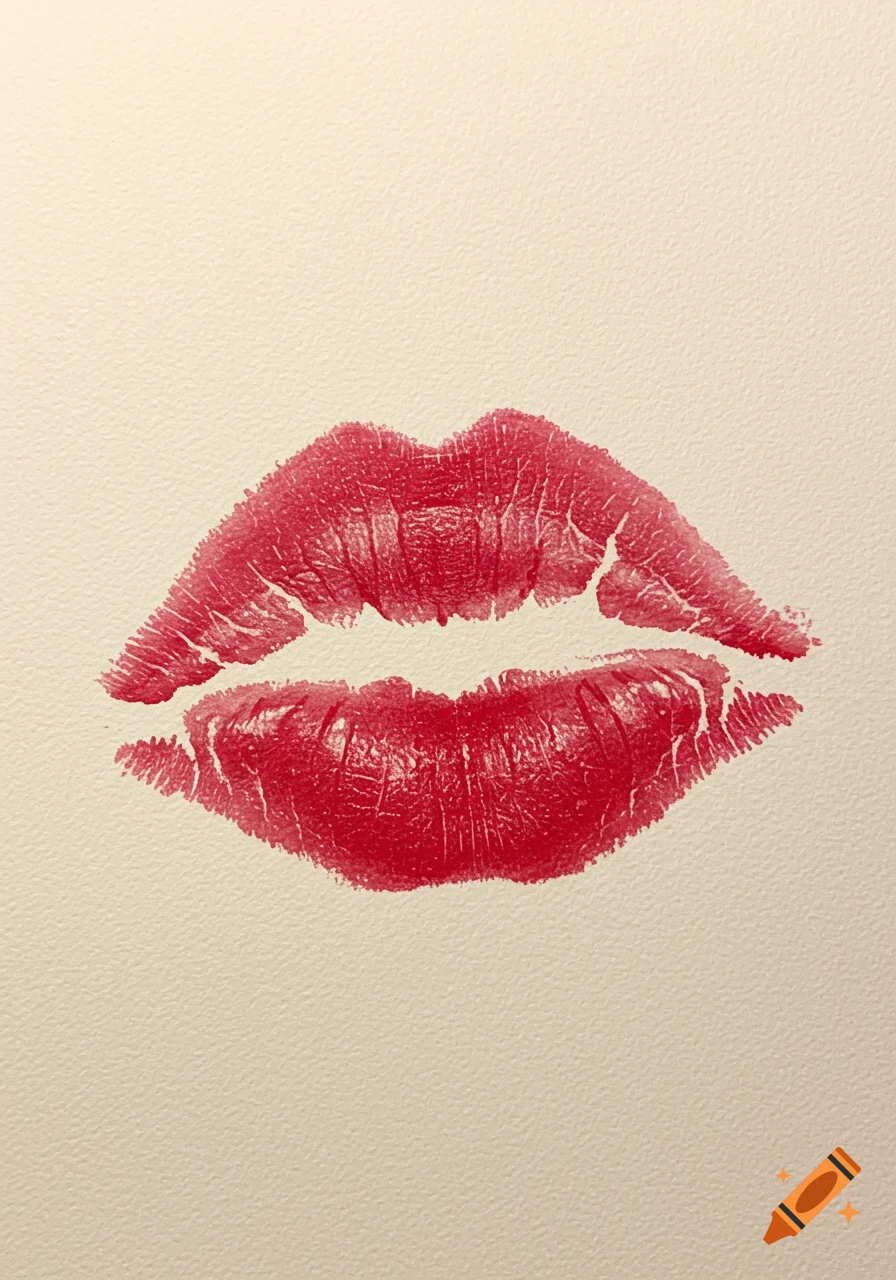 A vibrant red lipstick kiss mark pressed onto textured, off-white paper.