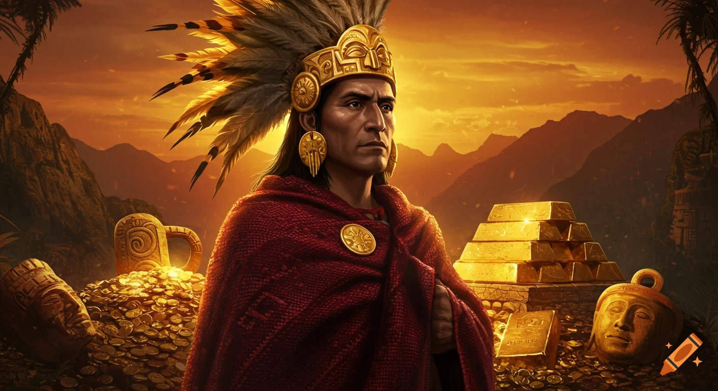 Digital painting of Atahualpa, the Incan emperor, in a golden feathered headdress, amidst gold and artifacts under a red-golden sky.