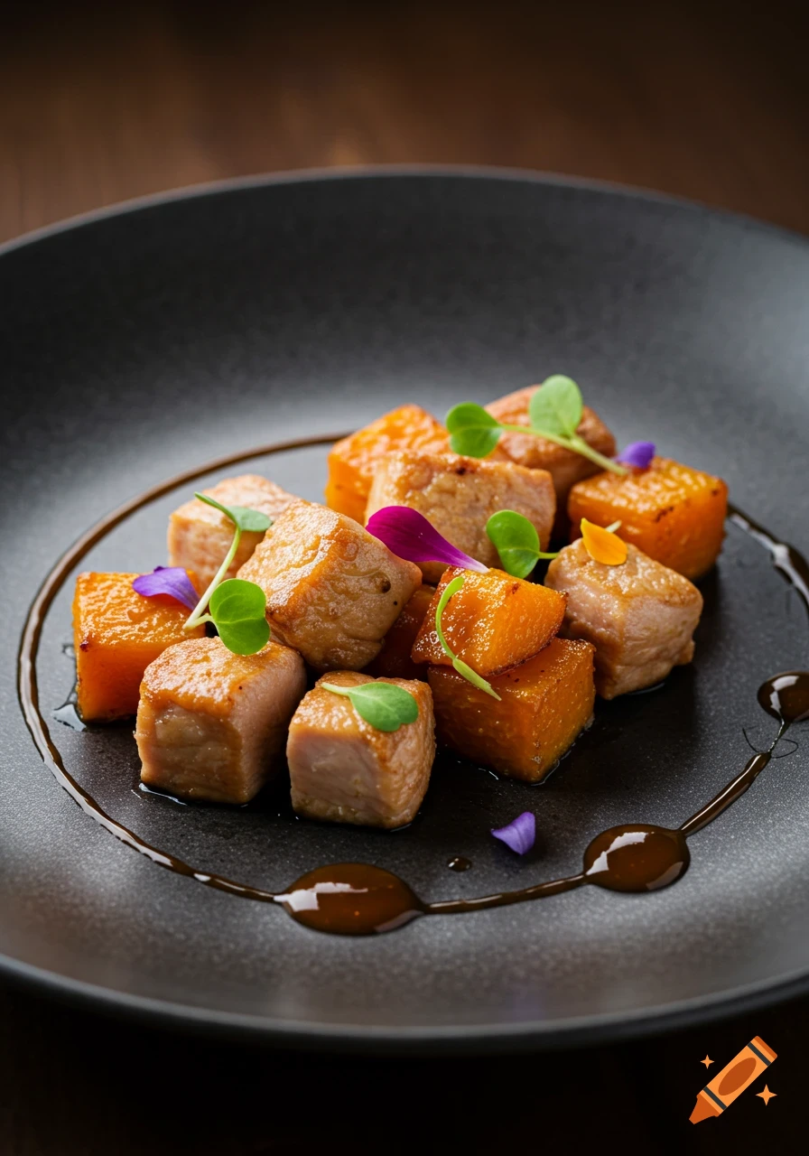 A gourmet dish featuring diced meat and roasted squash cubes, garnished with microgreens and edible flowers on a dark plate, drizzled with sauce.