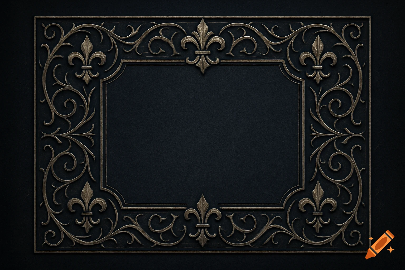 An ornate gothic frame in dark gray and bronze with fleur-de-lis and scrollwork motifs surrounding a blank rectangular space.