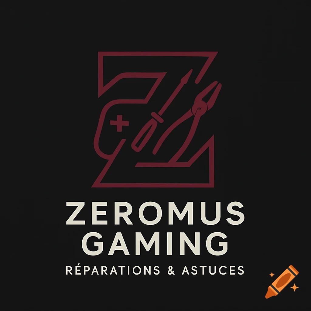 Modern logo with stylized burgundy Z, gamepad, screwdriver, pliers; text 'ZEROMUS GAMING R PARATIONS & ASTUCES' on black.