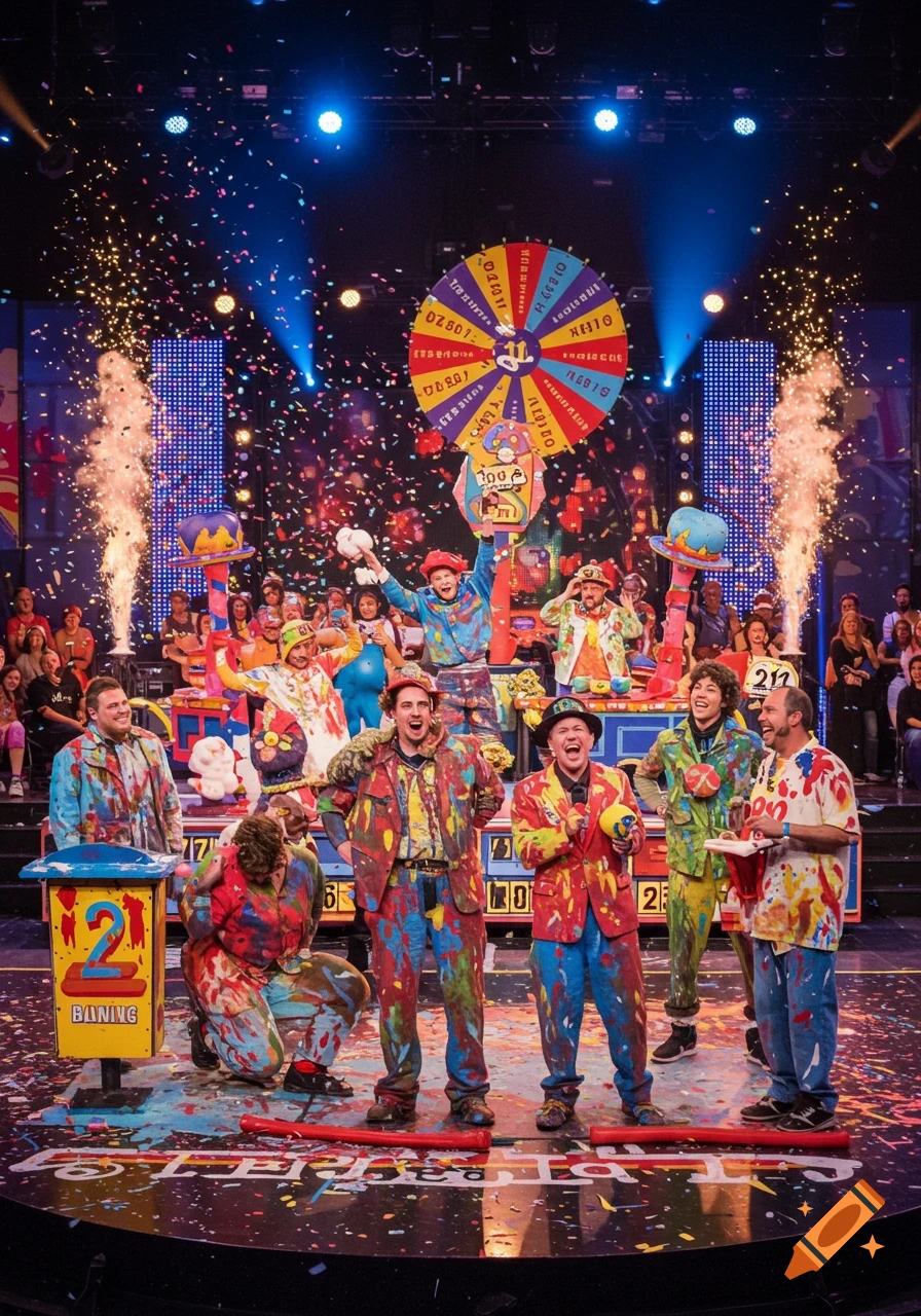 People covered in colorful paint and confetti celebrate on a vibrant game show stage with a spinning wheel and pyrotechnics.