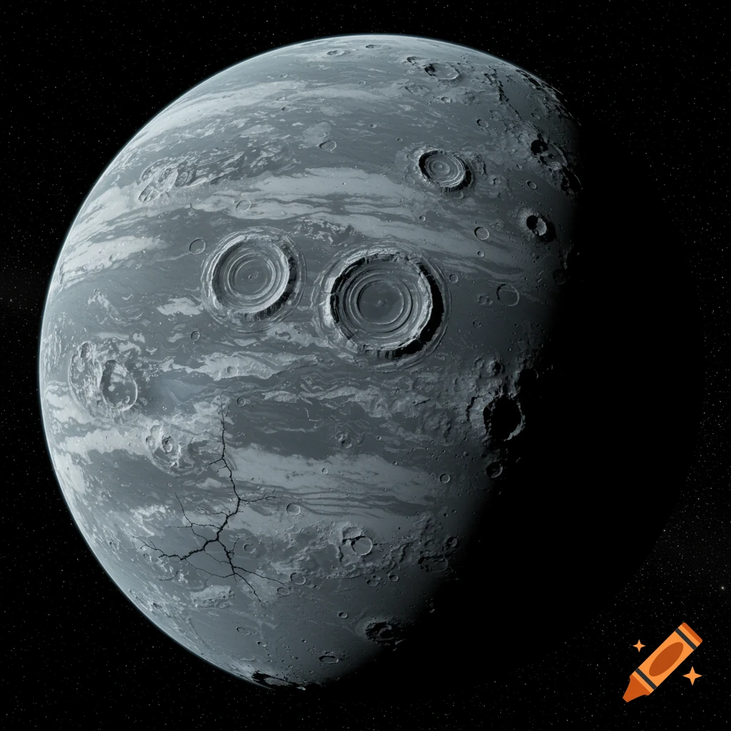 A grey, heavily cratered moon with prominent ringed impact basins and deep surface cracks, set against a star-filled black space.