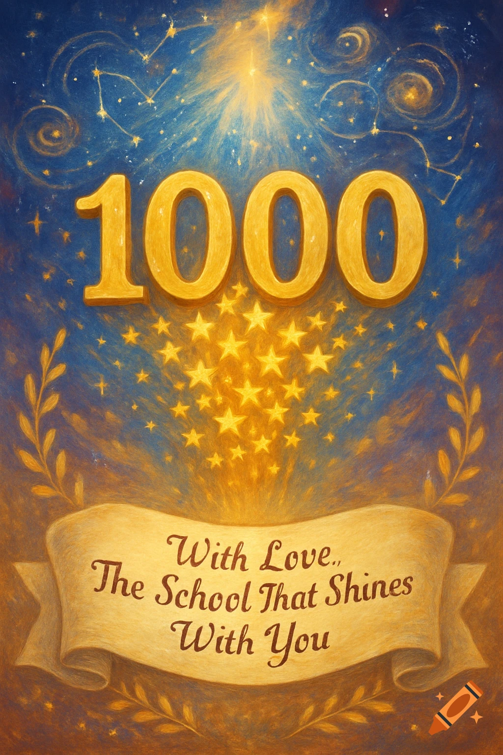 Golden '1000' and a banner with 'With Love, The School That Shines With You' on a starry blue background.