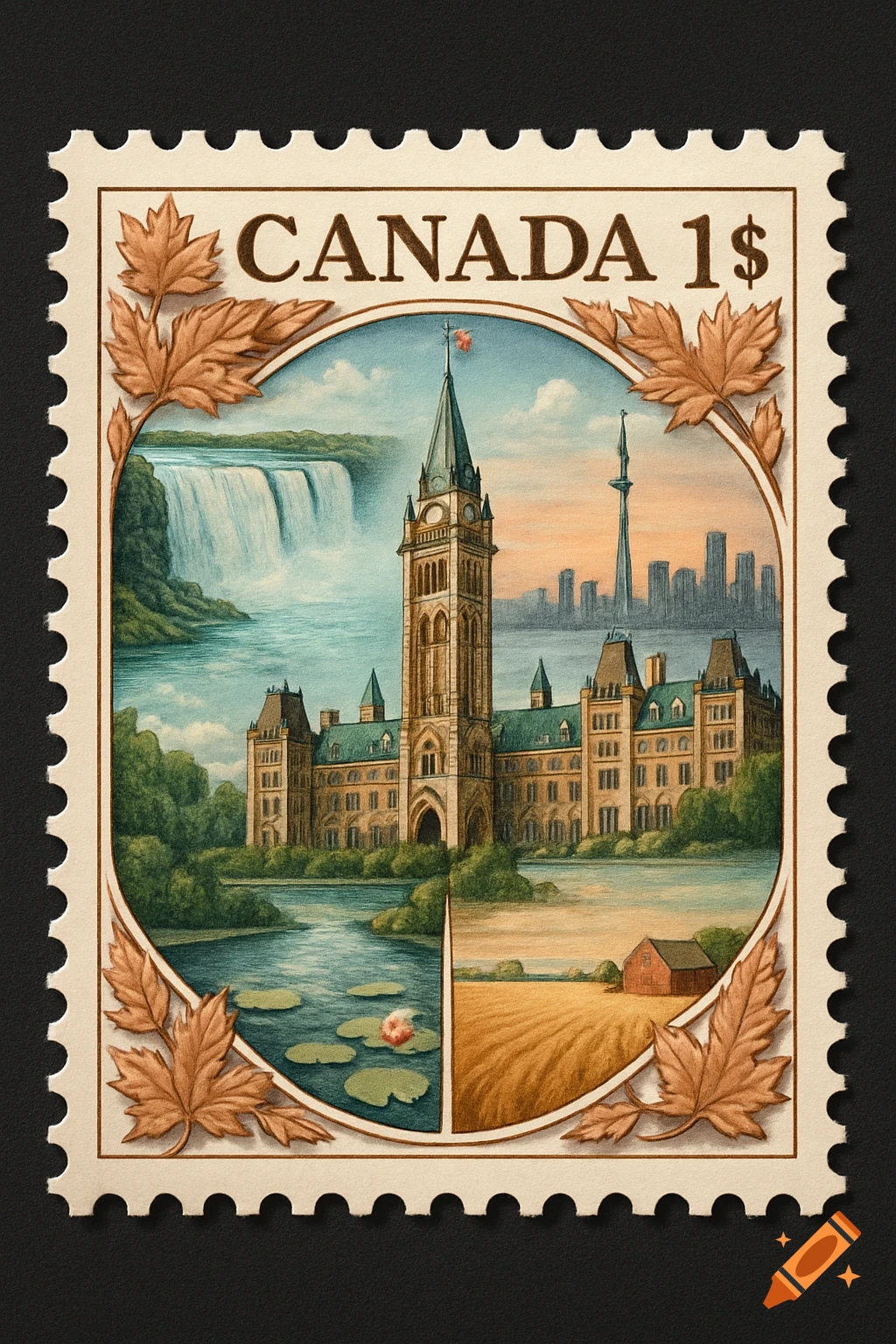 An illustrated Canada postage stamp featuring Parliament Hill, Niagara Falls, a city skyline, a river, and a farm, framed by maple leaves.