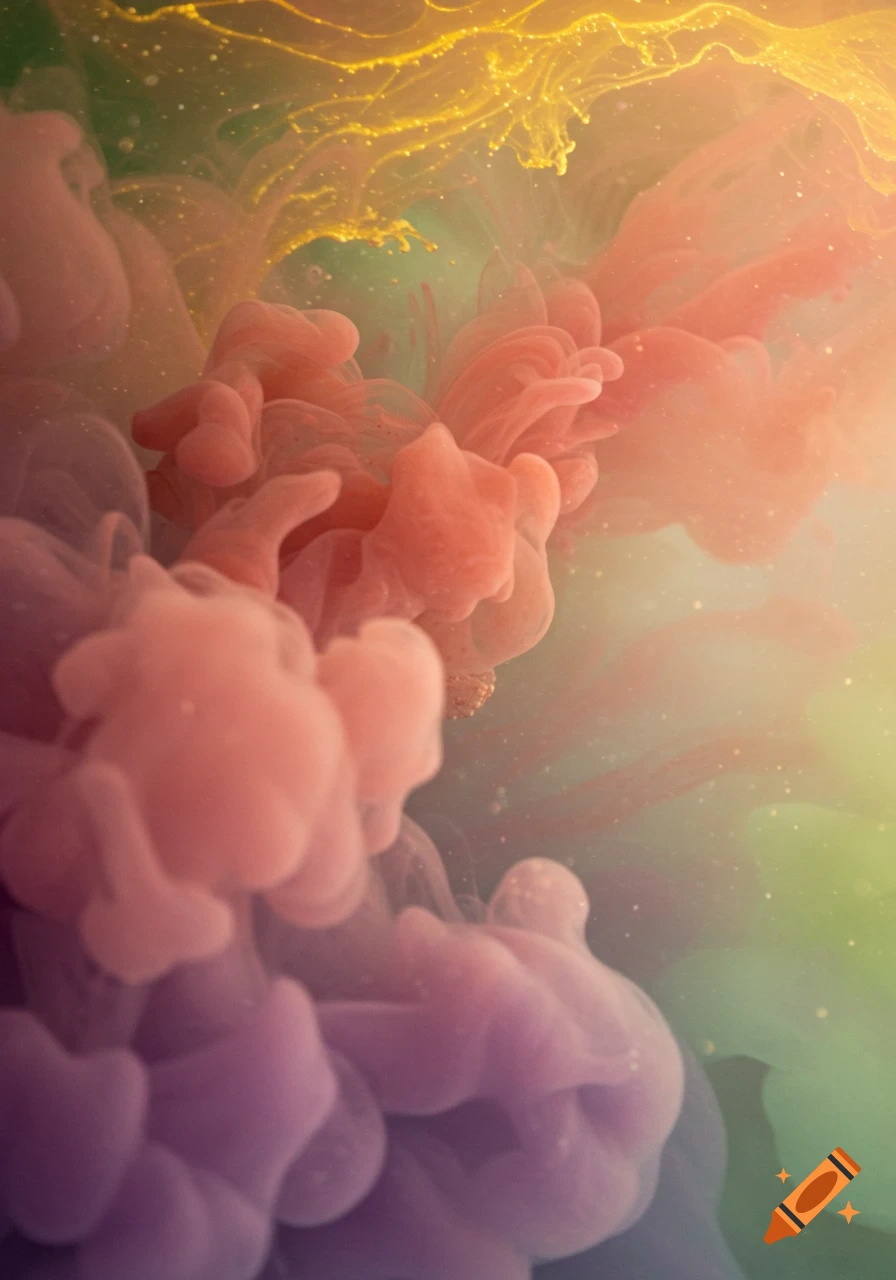Ethereal cosmic mist with swirling gold, pink, purple, and green colors.