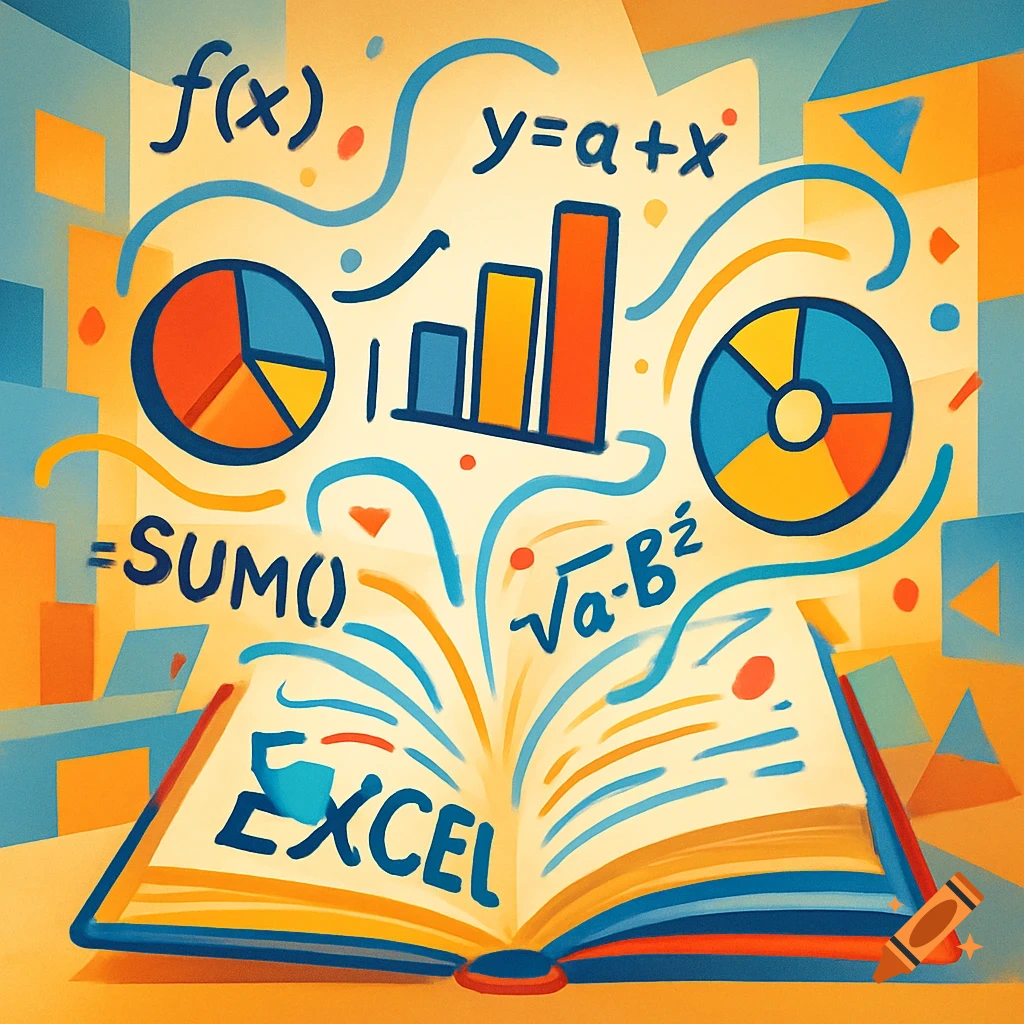 A colorful, stylized illustration of an open book with mathematical formulas, graphs, and the word 'EXCEL' bursting out.