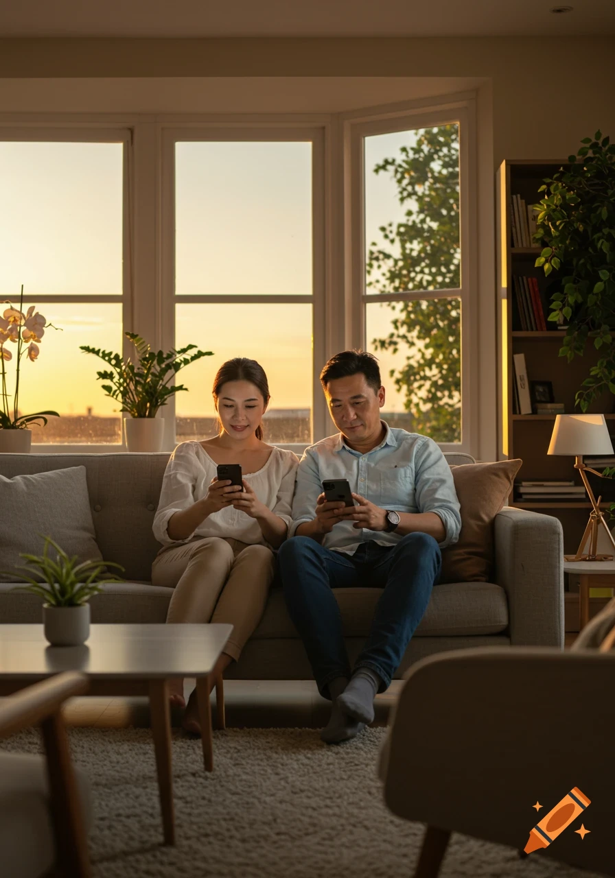 A man and a woman sit on a sofa in a living room at sunset, both looking at their mobile phones. Photorealistic style.