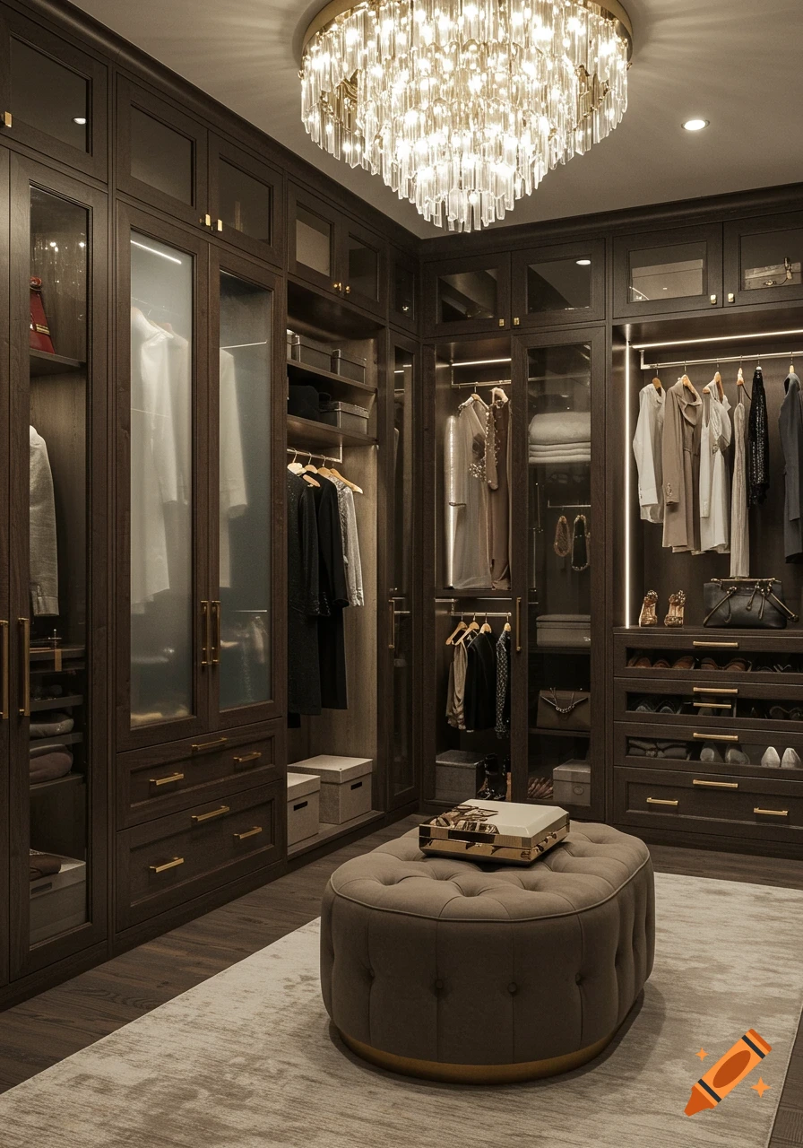 Luxurious master closet with dark wood cabinets, glass doors, a crystal chandelier, and a tufted ottoman.