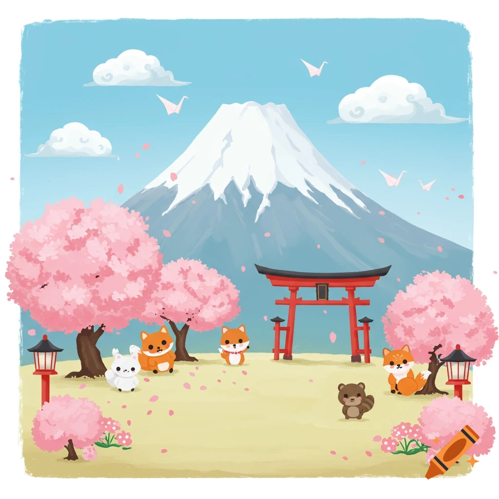 A whimsical illustration of Mount Fuji with cherry blossoms, a torii gate, and cute cartoon foxes, a bunny, and a bear on a plain.
