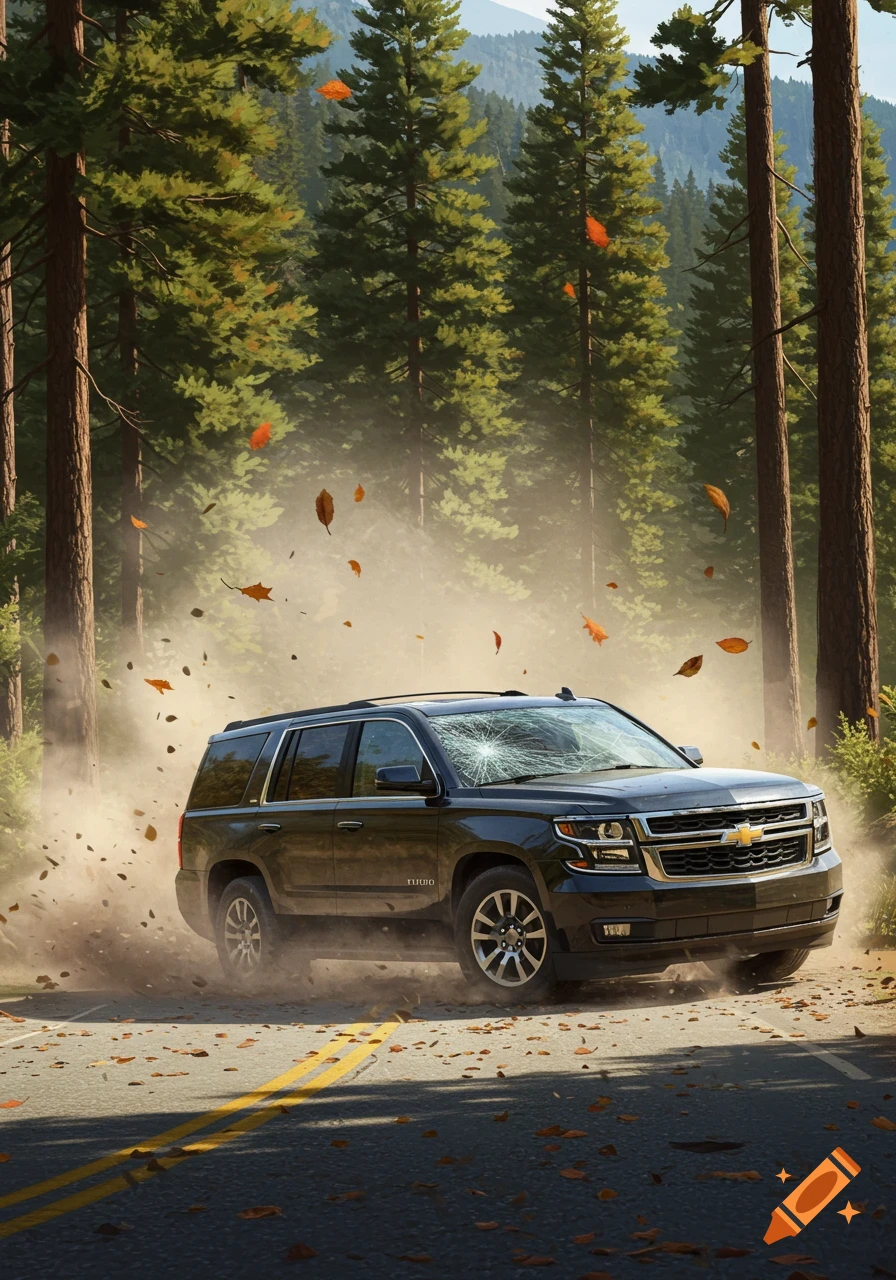 A black Chevrolet Tahoe SUV with a shattered windshield drives through a dusty forest road with autumn leaves falling, photorealistic style.