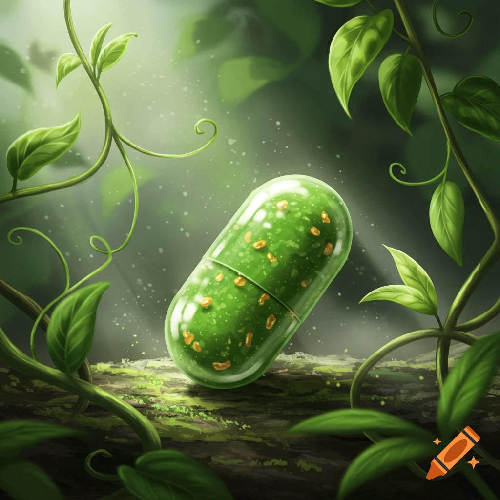 A green capsule-shaped pill, filled with small orange particles, sits on a mossy log surrounded by vibrant green vines and leaves in a sunlit forest.