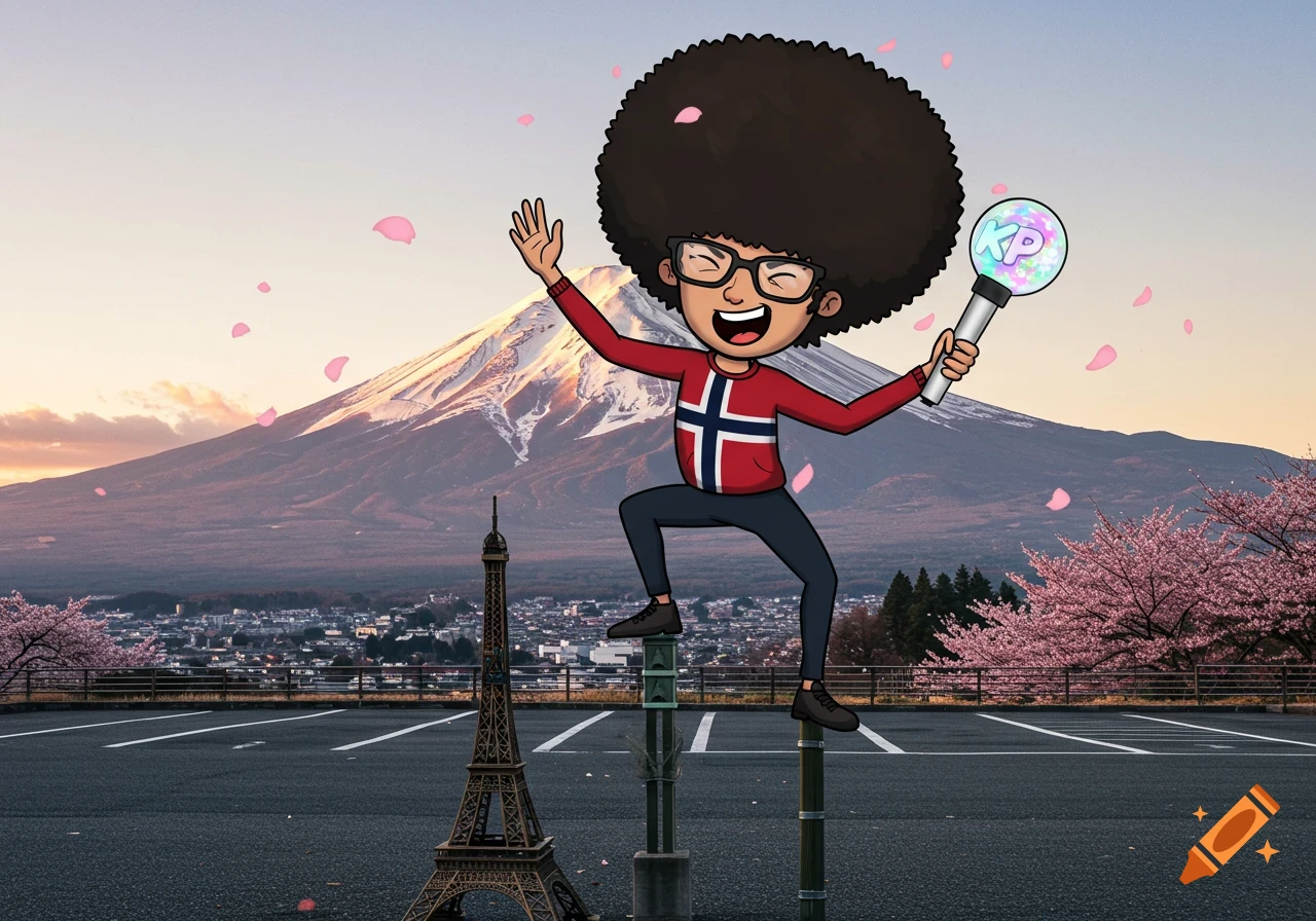 A cartoon character with an afro, wearing a Norwegian sweater, poses on poles holding a Kpop lightstick, with Mount Fuji and a miniature Eiffel Tower in the background.