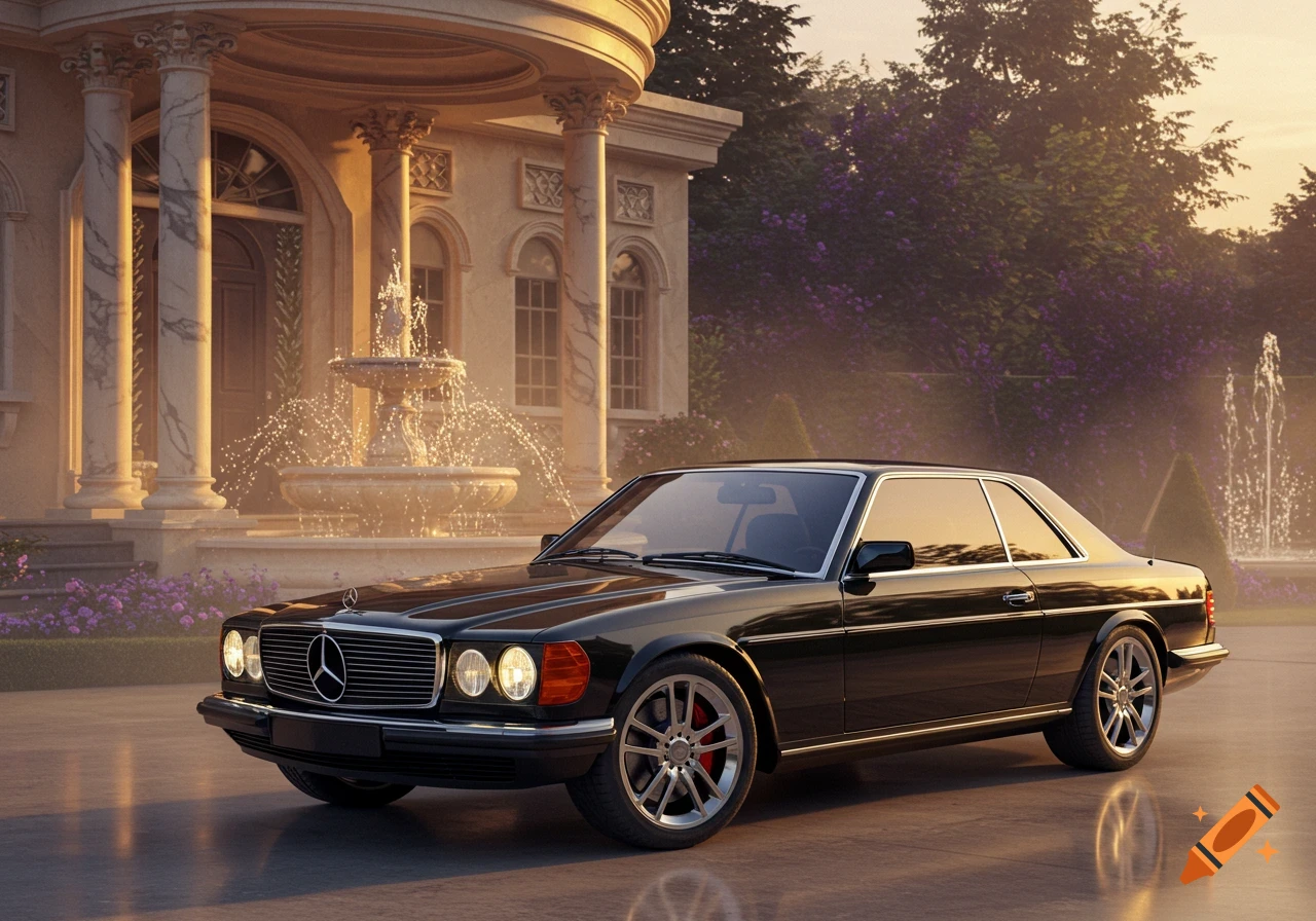 Photorealistic black Mercedes-Benz coupe in front of a luxurious mansion with fountains and gardens during golden hour.