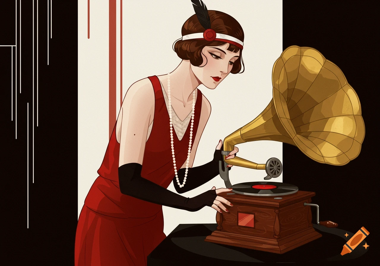 Vintage illustration of a woman in a flapper dress and headband operating a gramophone.