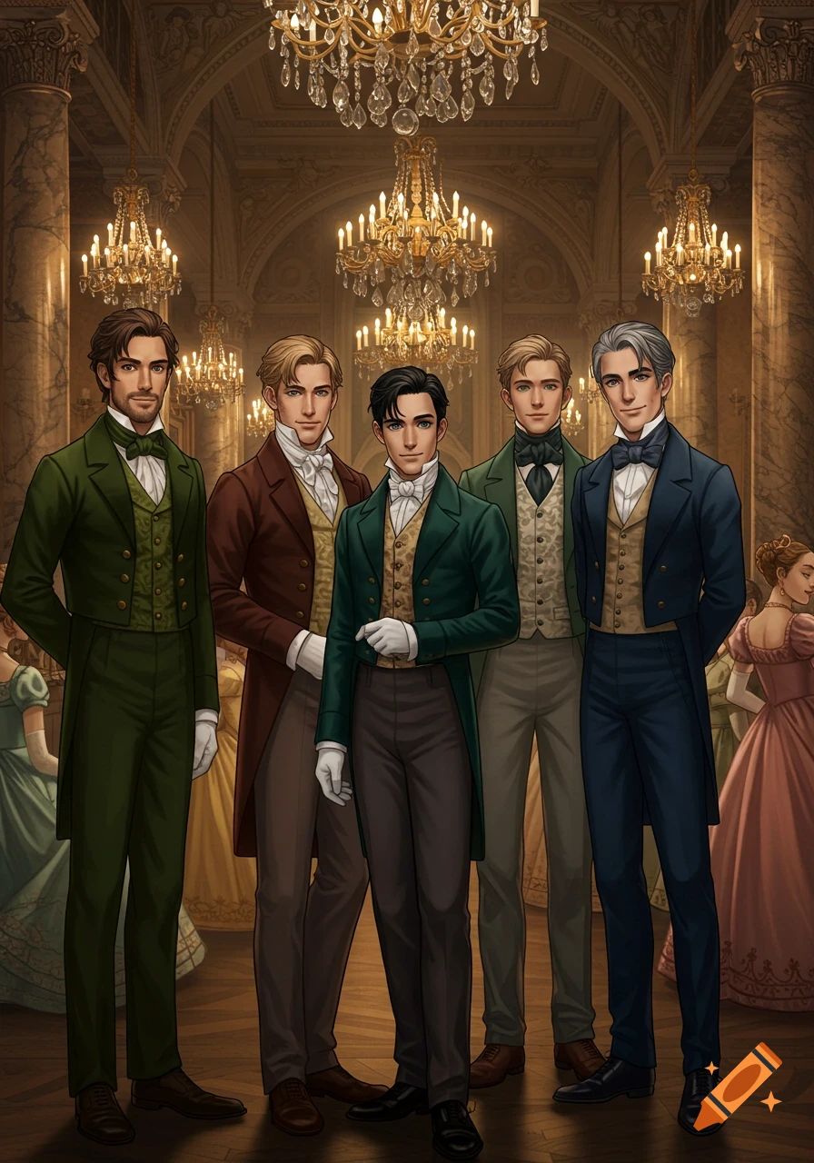 Five handsome men in formal Regency-era attire stand confidently in a luxurious ballroom with chandeliers, in an illustrated style.