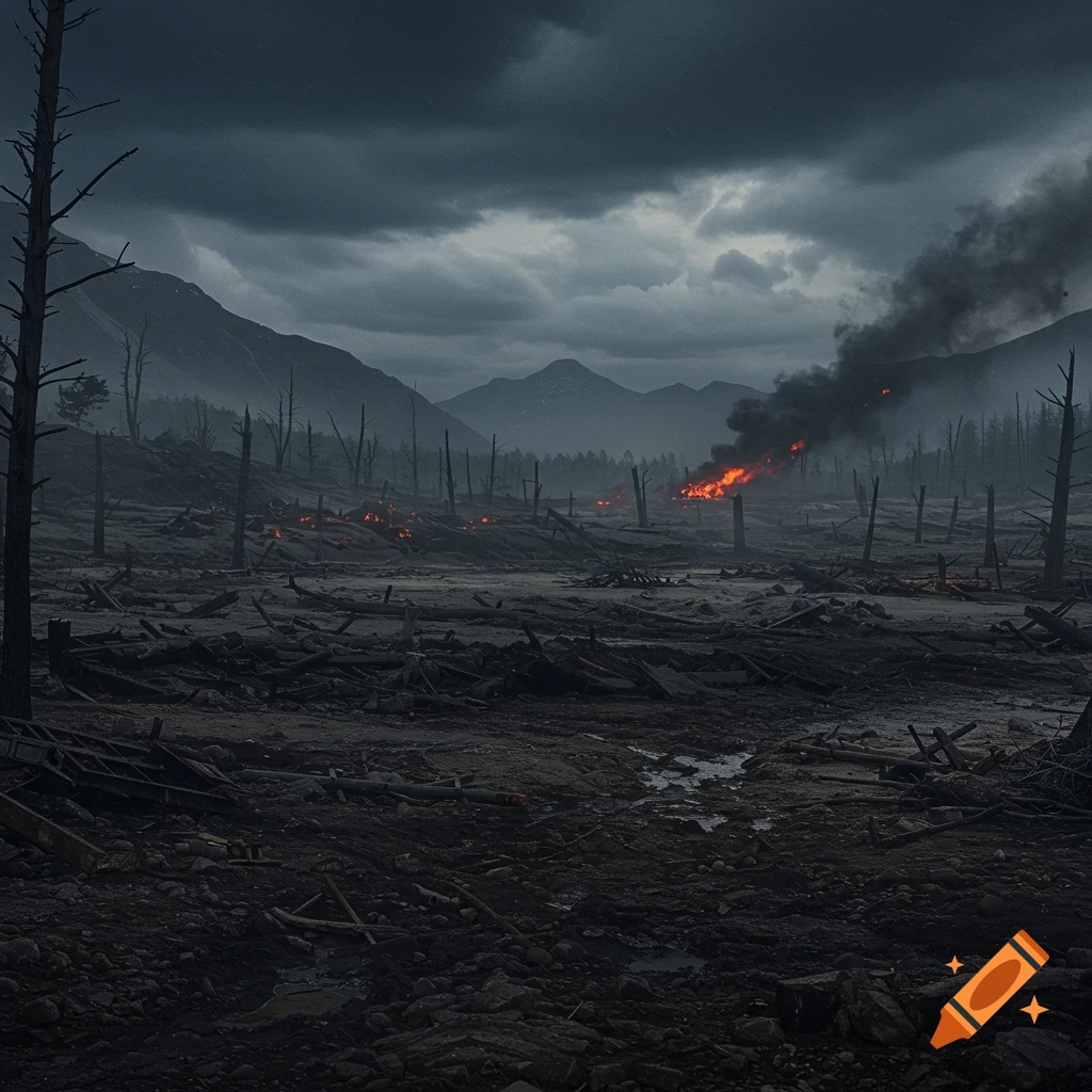 A dark, photorealistic landscape of a desolate wasteland with burning fires and bare trees under a stormy, cloudy sky.