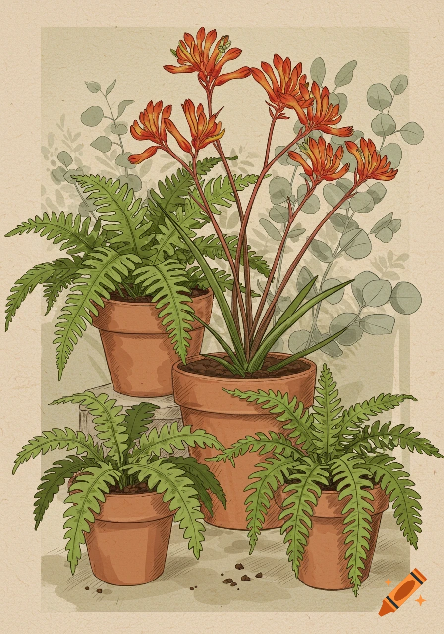 Stylized illustration of ferns and orange kangaroo paw flowers in terracotta pots on a textured background.