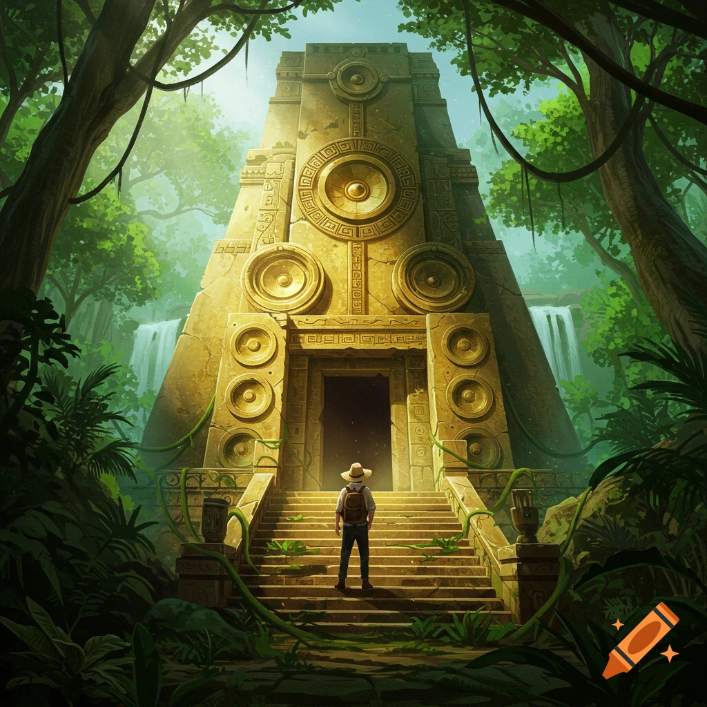 A jungle explorer stands before an ancient, speaker-adorned temple in a lush jungle with waterfalls.