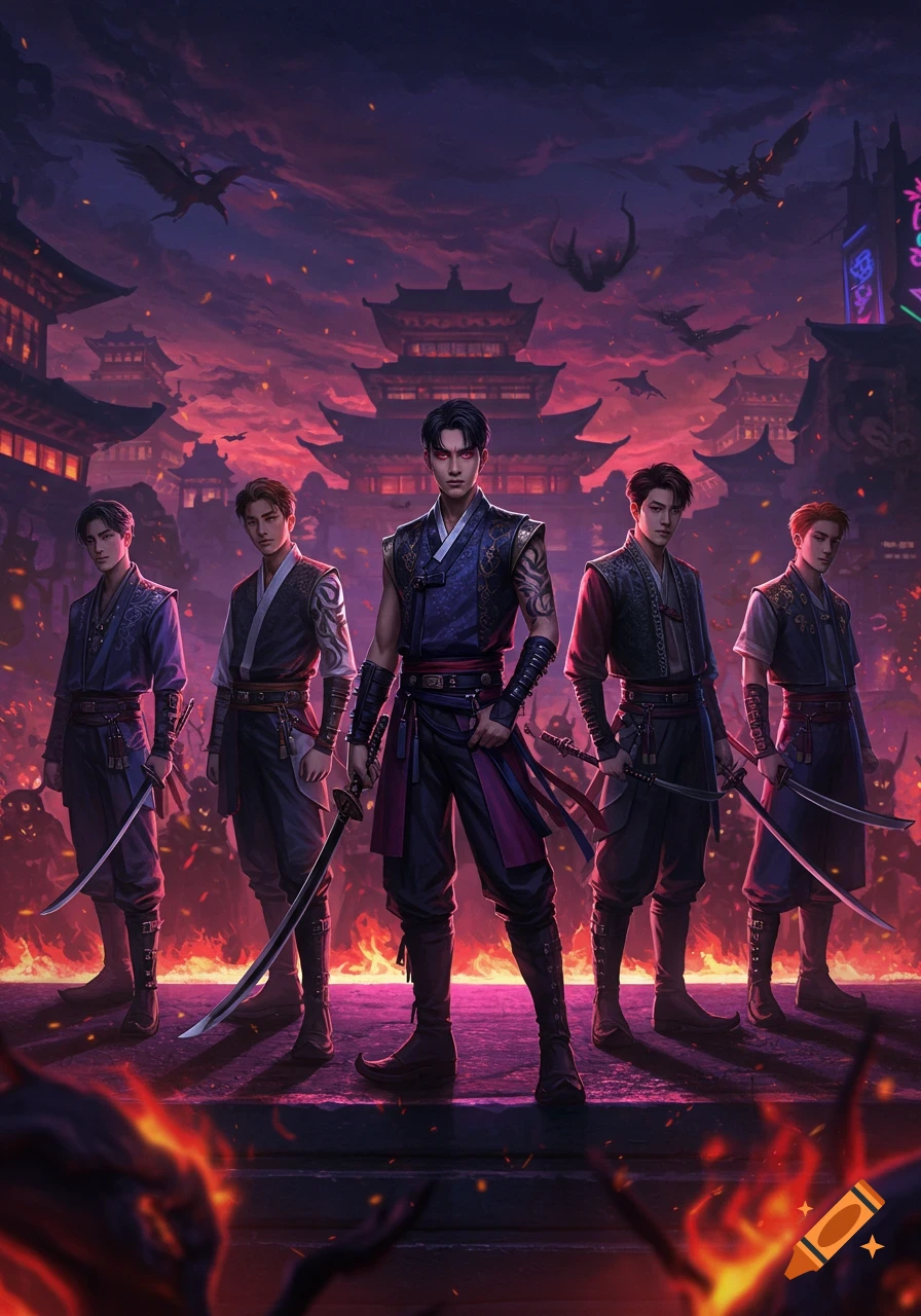 Five K-pop-style demon hunters with swords pose in front of a burning Asian fantasy city, digital art.