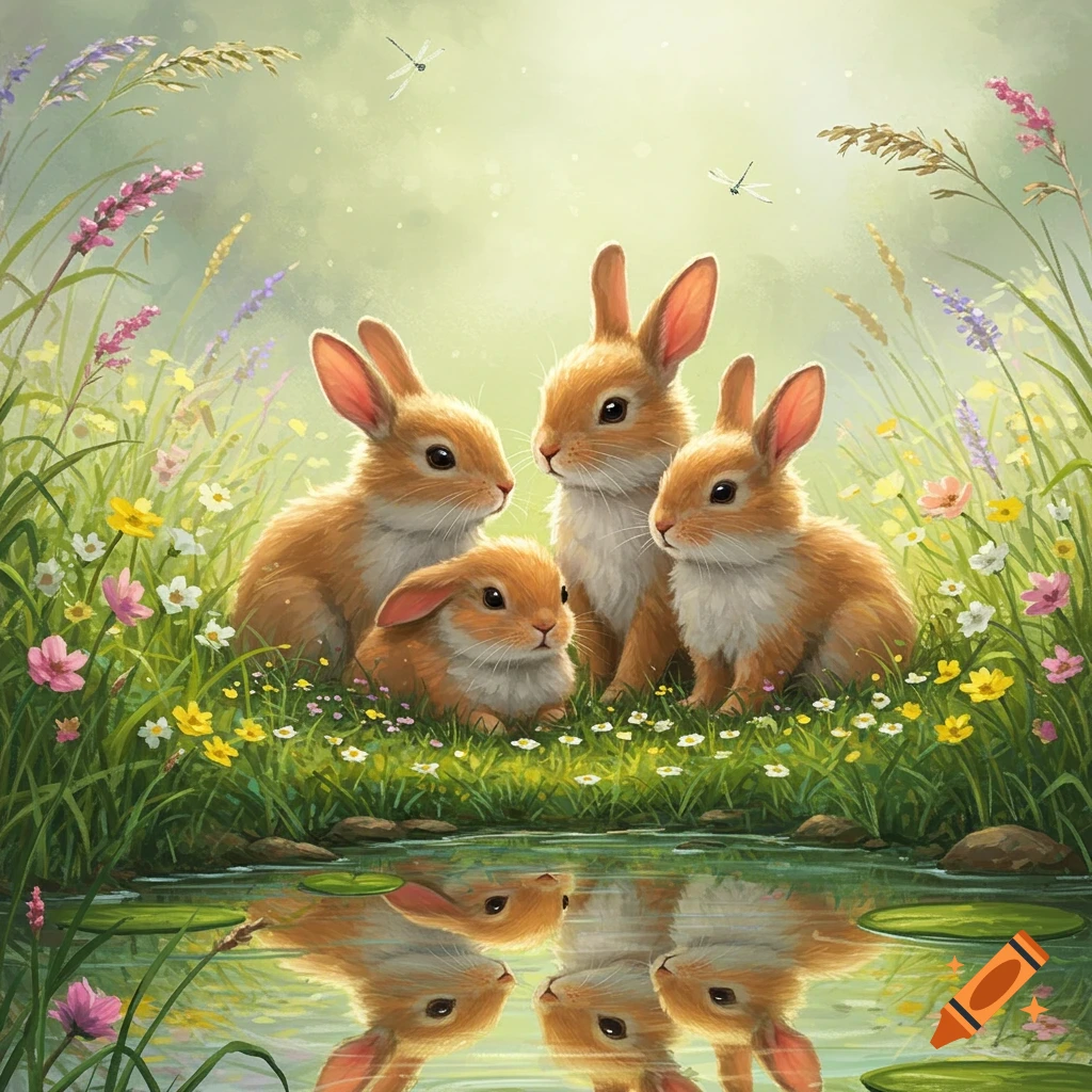 Four fluffy brown and white bunnies sit among green grass and wildflowers by a pond, their reflections visible in the water, in a bright, illustrative style.