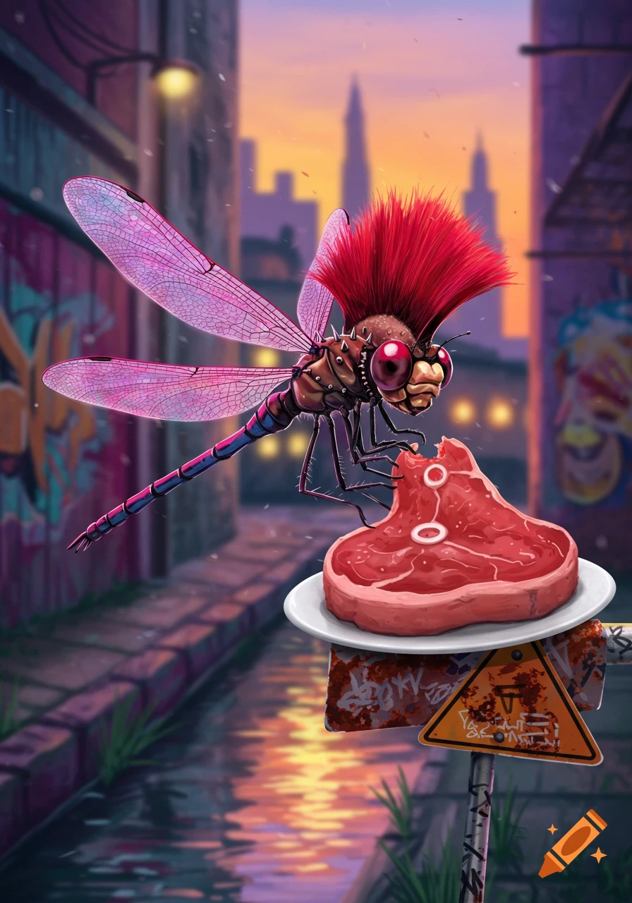 A punk dragonfly with a red mohawk and pink wings holds a raw steak on a plate in a vibrant, graffiti-filled urban alley at sunset.