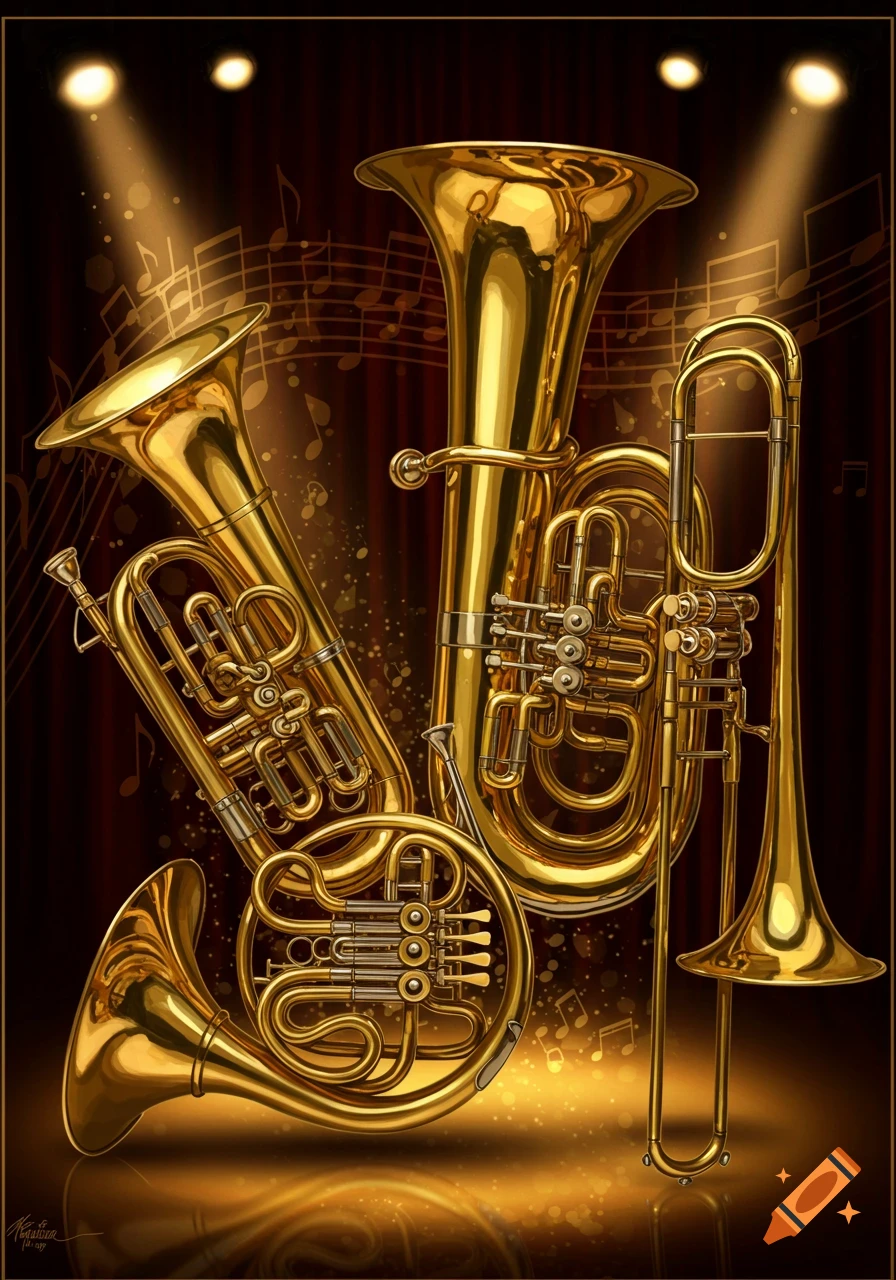A collection of shiny golden brass instruments including a tuba, French horn, and trombone, illuminated by spotlights against a dark background with musical notes.